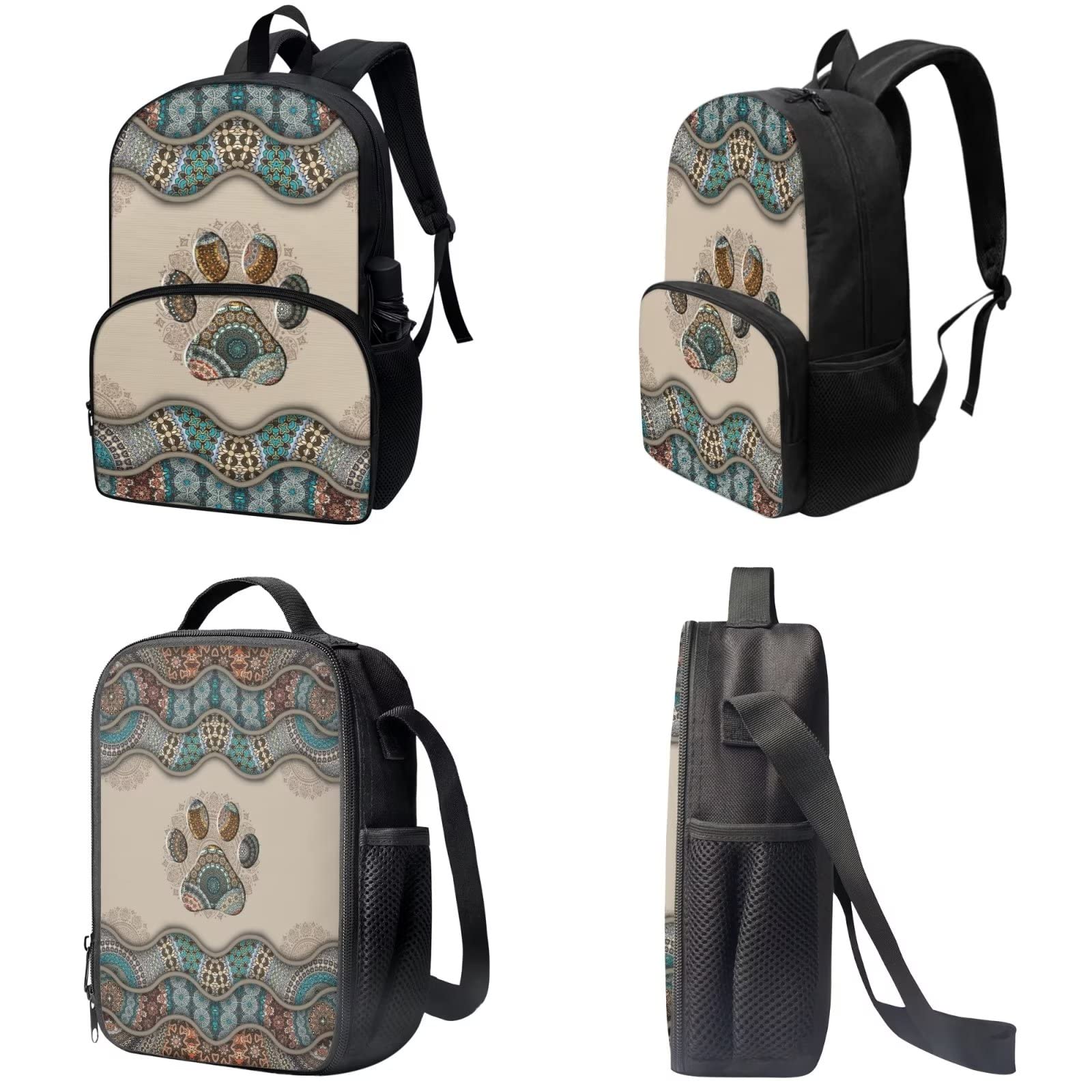 Poceacles Schultasche und Lunchbox-Set für Teenager, Jungen, Grundschule, Büchertasche, Federmäppchen für Grundschulkinder, Boho-Hundepfoten, Einheitsgröße