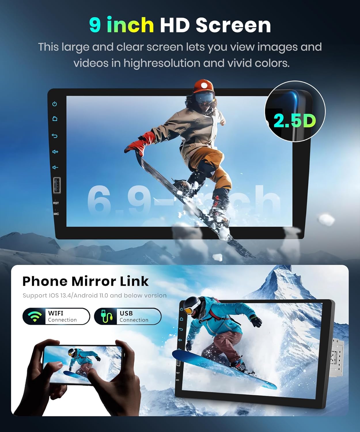 9 Inch Wireless Carplay Single Din Car Stereo,1080P Single Din Touch Screen Radio Support Wireless Android Auto Bluetooth 5.0 Backup Camera FM EQ Mirror Link USB Dual Mic SWC