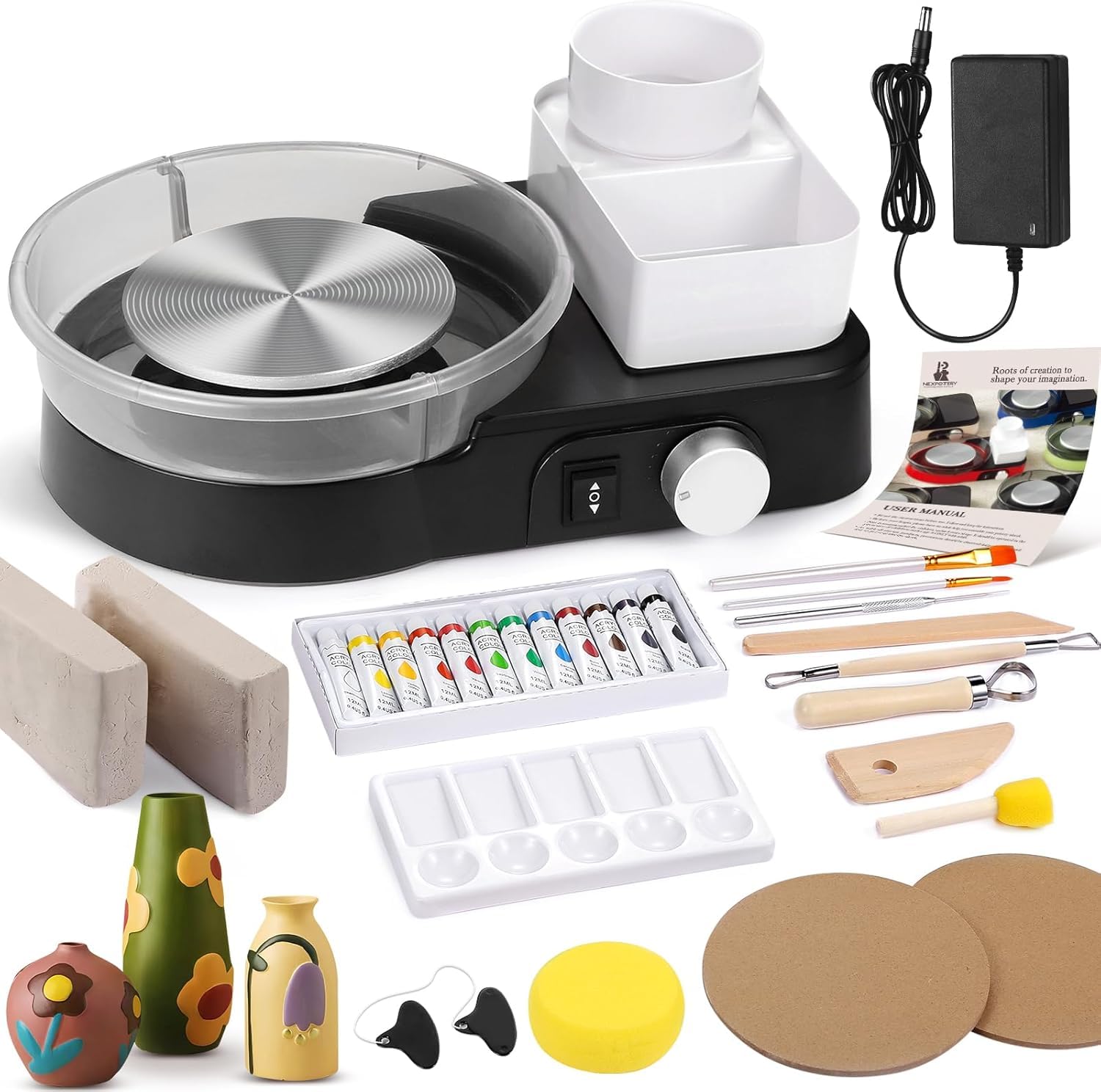 Tornio per Ceramica Elettrico per Principianti e Professionisti – Kit Ceramica Completo per Casa con 1kg di Argilla, 0-200 RPM e Accessori, Macchina Professionale per Progetti Fai da Te