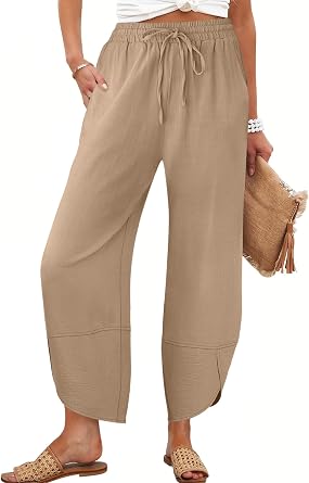 Caracilia Womens Wide Leg Pants Barrel Palazzo Casual Flowy Beach Vacation Cropped Summer Drawstring Capris with Pockets
