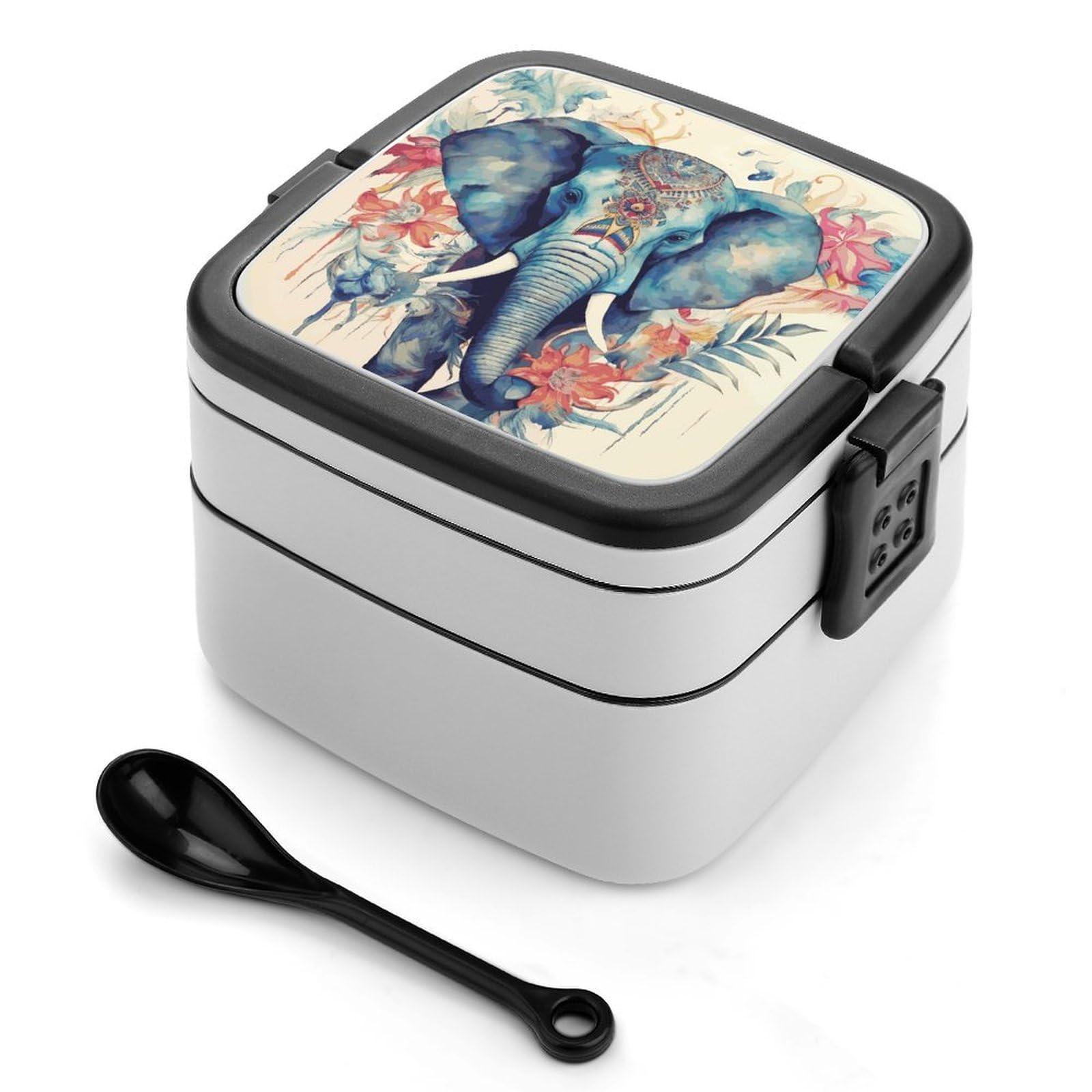 FekiLoot Peacock Feathers Elephant Bento Box Adult Lunch Box Sealed Bento Lunch Boxes with Spoon Sturdy Double Layer Bento Boxes Snap-on Design Leak Proof Lunch Containers Ideal for Work