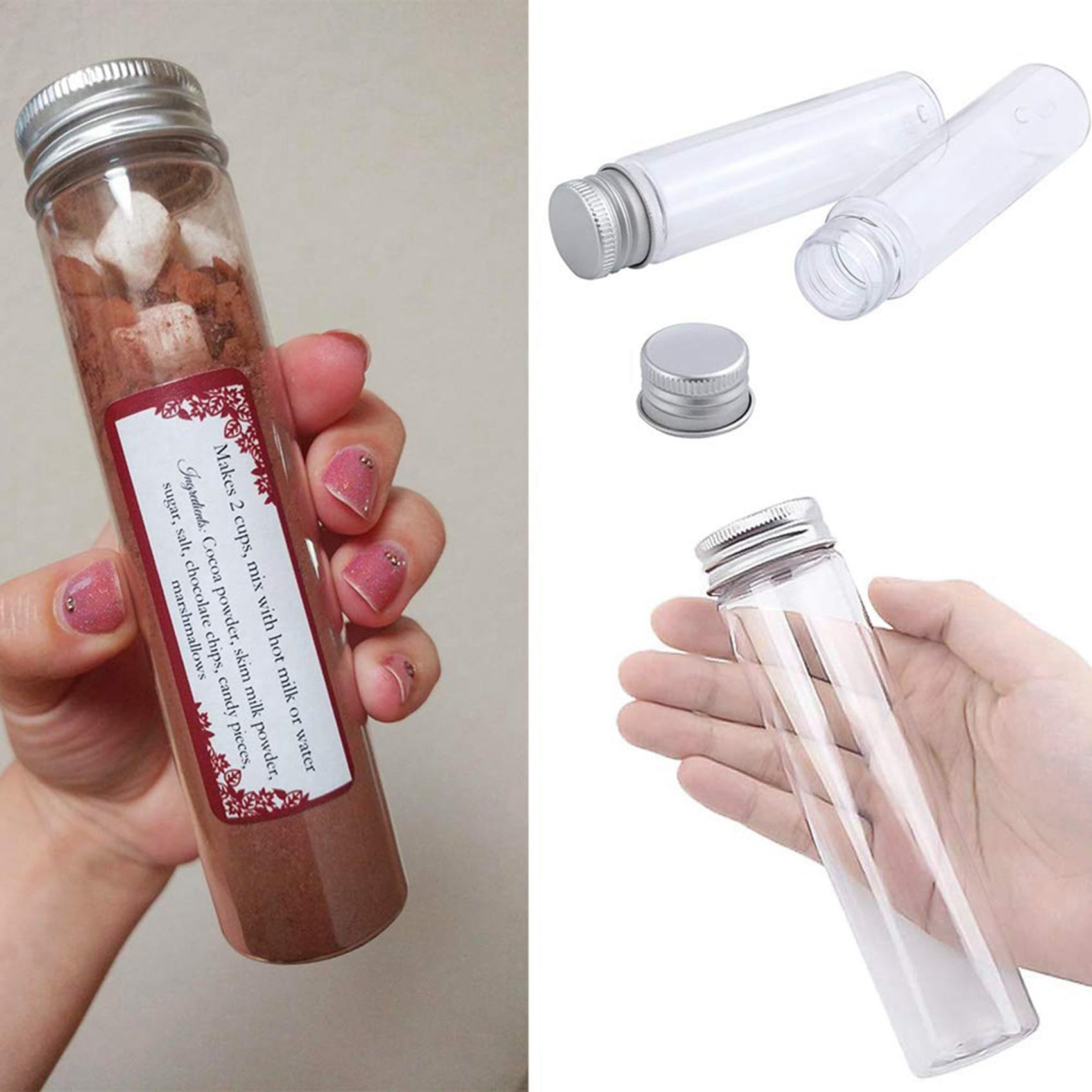 75 tubos de ensayo de plástico de 110 ml, planos, transparentes, tubos de ensayo de plástico con tapones y un tornillo para caramelos, frijoles, decoraciones para fiestas