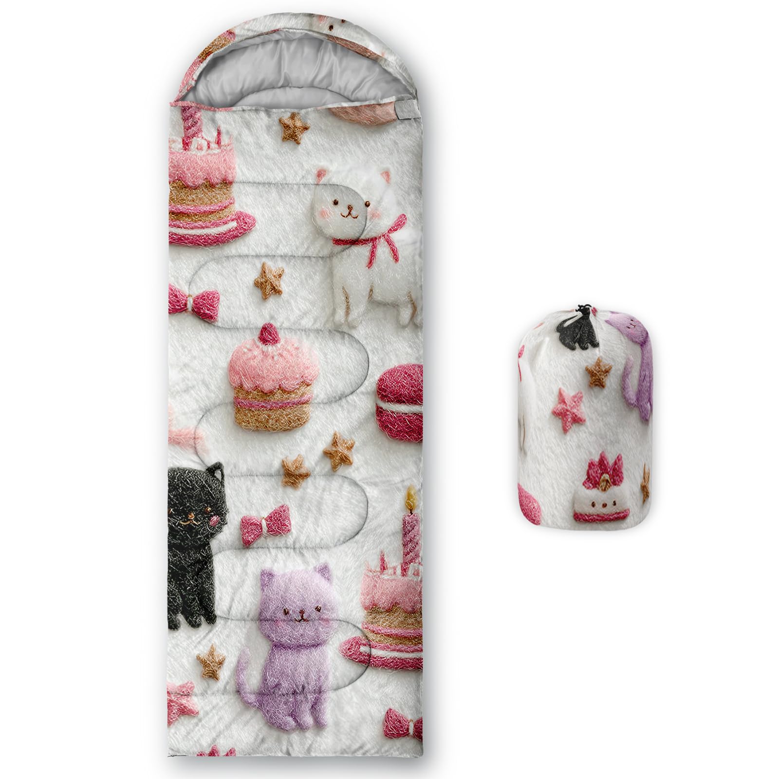 QOOMO Cute Cat Cake Waterproof Sleeping Bags for Adults & Kids,Printed Camping Sleeping Bags, 3 Season Warm & Cool Weather,Lightweight,Traveling,and Outdoors,Camping Gear Equipment,31x90inch