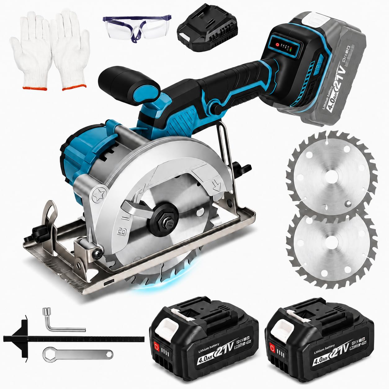 Akku Handkreissäge Kompatibel Mit Makita 18v Akku, 7200RPM Mini Kreissäge mit 2 * 4,0Ah Batterie, 45°/90° Gehrungsschnitt, Einhändiges Halten, 2PCS 140mm Sägeblätter für Holz, PVC