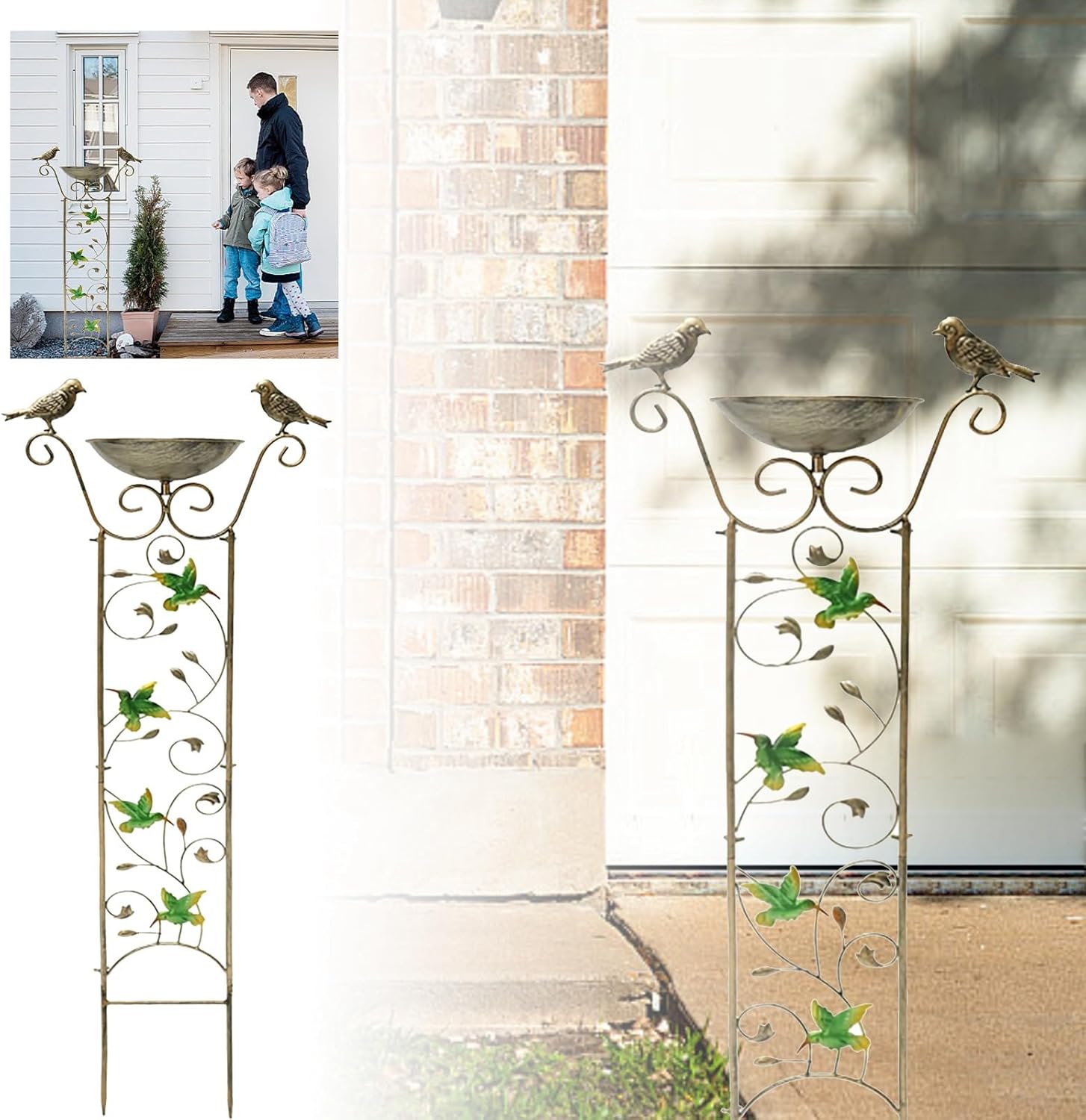 Bird Bath with Trellis for Outside, Vertical Iron Birds Water Feeder Outdoor Garden Decor with Detachable Bowl, Metal Plant Support for Climbing Flowers, Ground Stake Base for Patio (Gold-B)