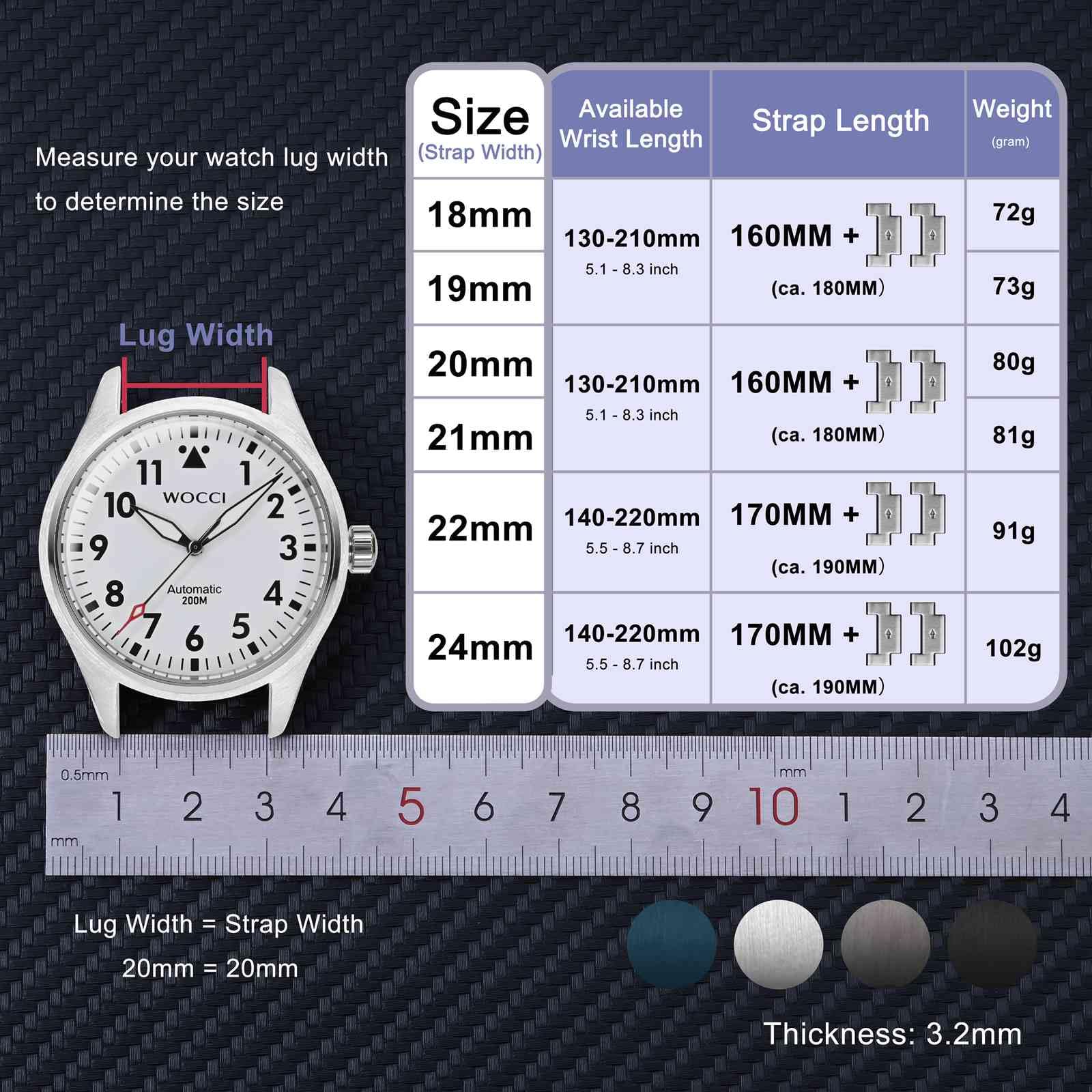 WOCCI Correa de Reloj de Metal Resistente, Correas de Repuesto de Acero Inoxidable 316 L, Cierre Desplegable, Ancho de Lengüeta de Reloj Compatible 18mm 20mm 22mm 24mm