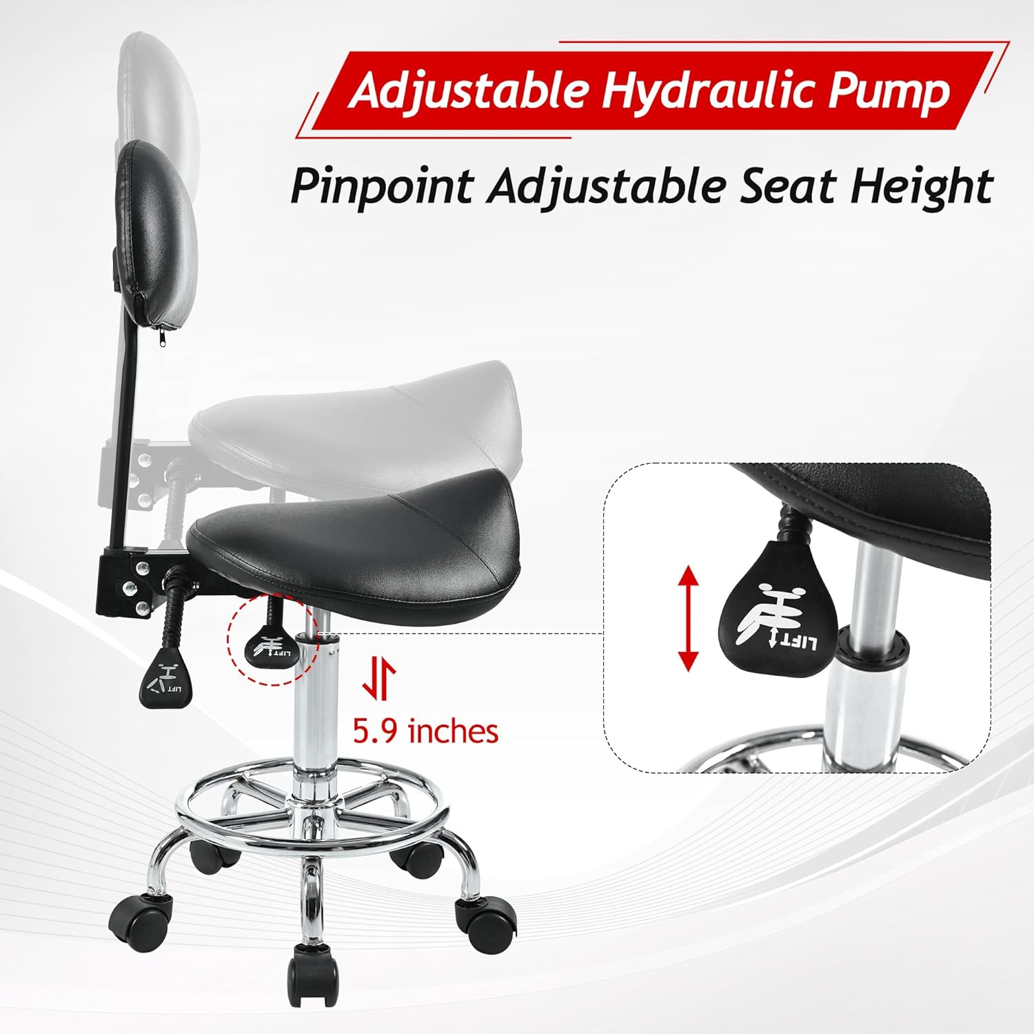 Saddle Stool with Back Support, Rolling Stools with Foot Rest, Ergonomic Adjustable Stool with Wheels, Backrest Adjustable Height & Angle for Salon Spa Tattoo Massage Office Swivel Stool Chair