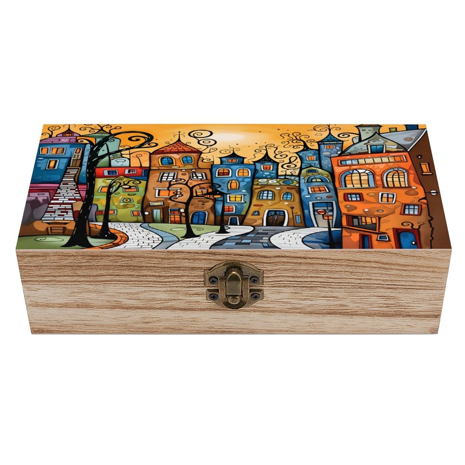 asbwuo Town Street Scene Vintage Wooden Keepsake Box