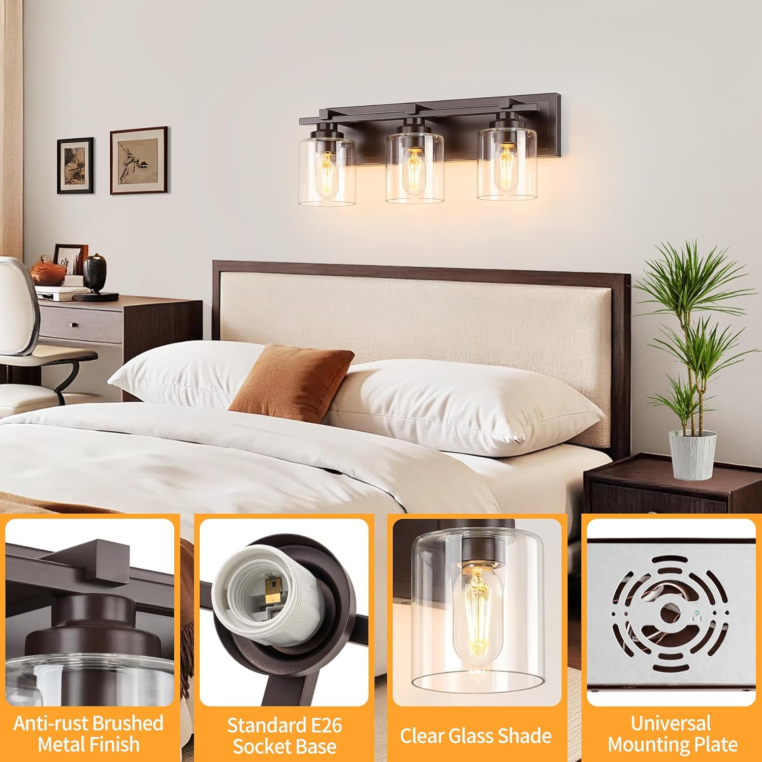 3 Light Modern Bathroom Light Fixtures Over Mirror, Bronze Finish Vanity Lights for Bathroom Wall Sconces with Clear Glass Shades, E26 Socket (Bulbs Not Included)