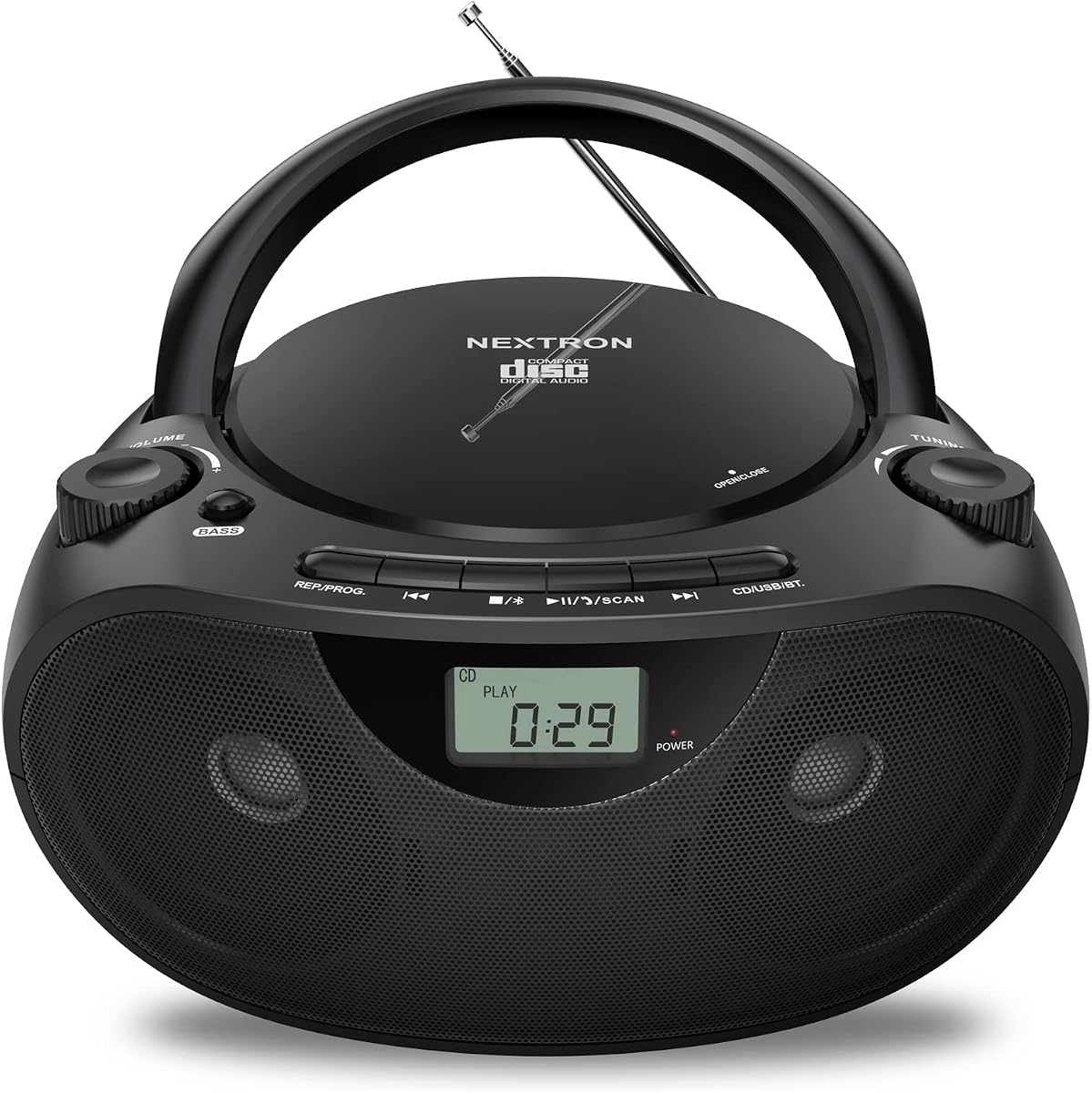 Nextron Portable CD Player Boombox with Bluetooth, AM/FM Radio & USB | CD-R/RW, MP3-CD & USB Playback, Stereo Sound, Bass Boost, AUX Input, Headphone Jack, LCD Display, AC/Battery Powered - Black