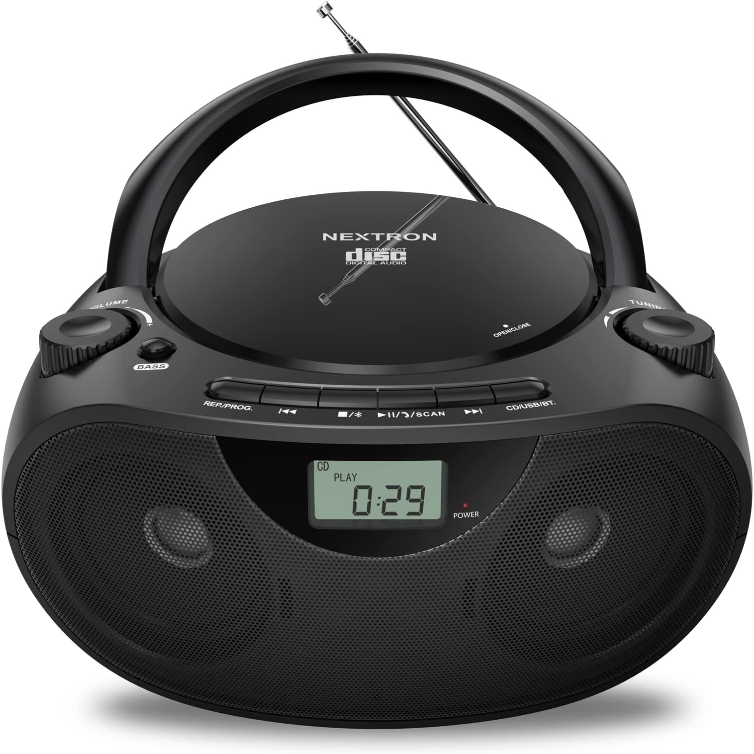 Nextron Portable CD Player Bluetooth Boombox with AM/FM Radio, USB, AUX-in, Headphone Jack, CD-R/RW & MP3-CD Compatible, Stereo Sound with Bass Boost, AC/Battery Operated – Black