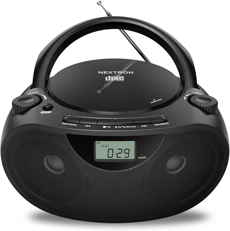 Nextron Portable CD Player Boombox with Bluetooth, AM/FM Radio & USB | CD-R/RW, MP3-CD & USB Playback, Stereo Sound, Bass Boost, AUX Input, Headphone Jack, LCD Display, AC/Battery Powered - Black