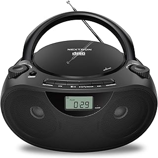 Portable CD Player Bluetooth Boombox with AM/FM Radio, USB, AUX-in, Headphone Jack, CD-R/RW & MP3-CD Compatible, Stereo Sound with Bass Boost, AC/Battery Operated – Black
