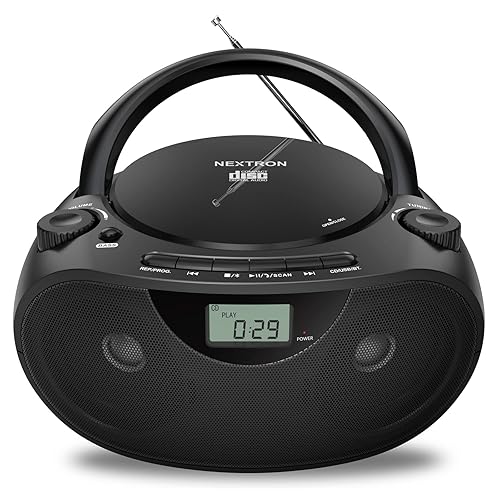 Nextron Portable Stereo CD Player Boombox with AM/FM Radio, Bluetooth, USB, AUX-in, Headphone Jack, CD-R/RW and MP3 CDs Compatible, Clear and Full Sound with Bass Boost, AC/Battery Operated – Black - Black