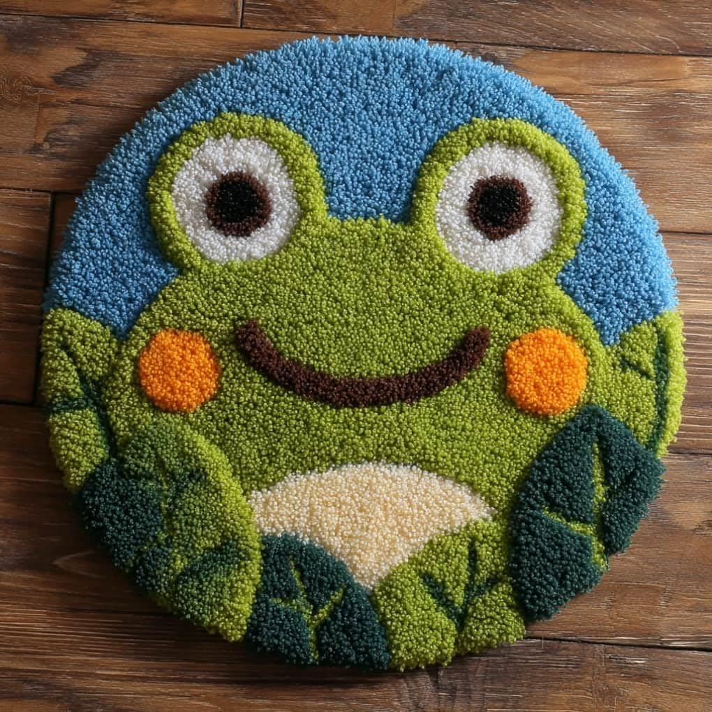kitphoenix DIY Latch Hook Rug Kits Frog Easy for Beginners Round Carpet Crochet Yarn Craft Large Rug Hook and Latch Tapestry for Home Decor 50X50Cm