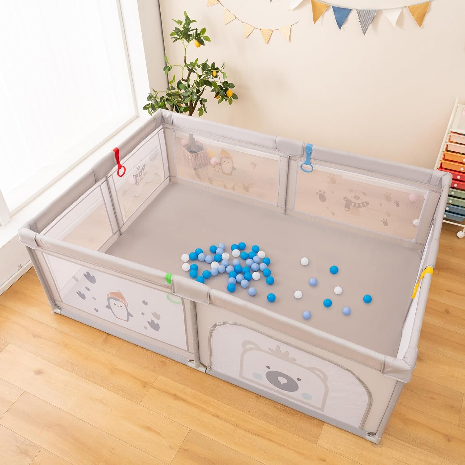 GLACER Large Baby Playpen, 81” x 57.5” Kids Activity Center w/Cute Patterns, 4 Pull Rings & 50 Ocean Balls, Safe Gate & Breathable Mesh, Baby Play Yard for Aged 0-3 (Grey, Penguin & Bear Pattern)