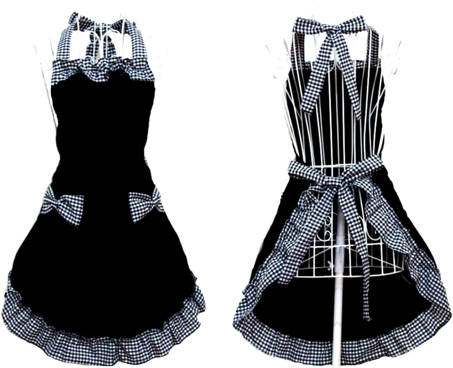 Hyzrz Cute Ladies Girls Retro Apron Dress Kitchen Cooking Vintage Aprons for Women with Pockets (Black)