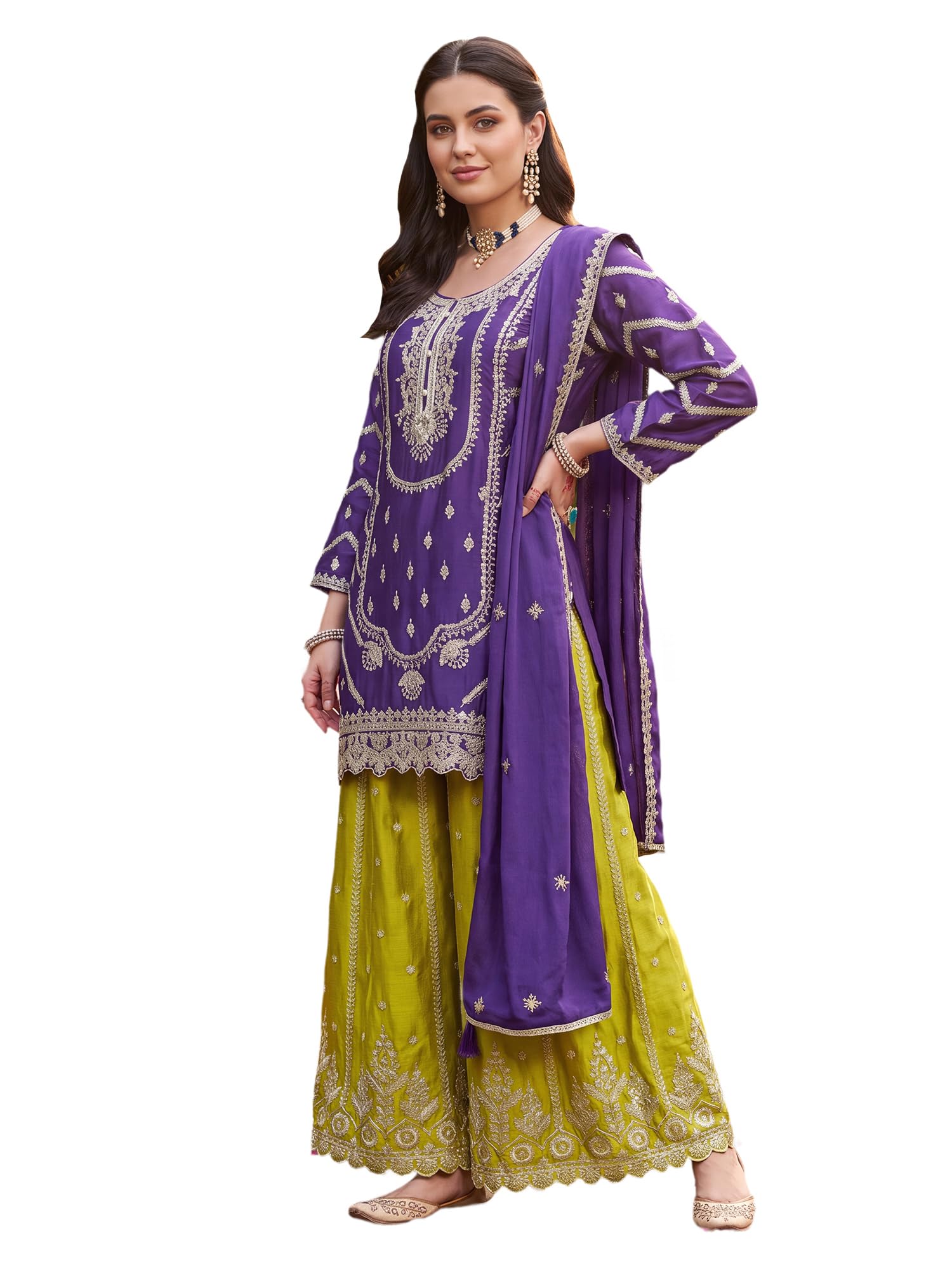 Women's Chinon Embroidered Sequins Work Straight Kurta & Palazzo with Dupatta Set | Sharara Set For Women-image-17