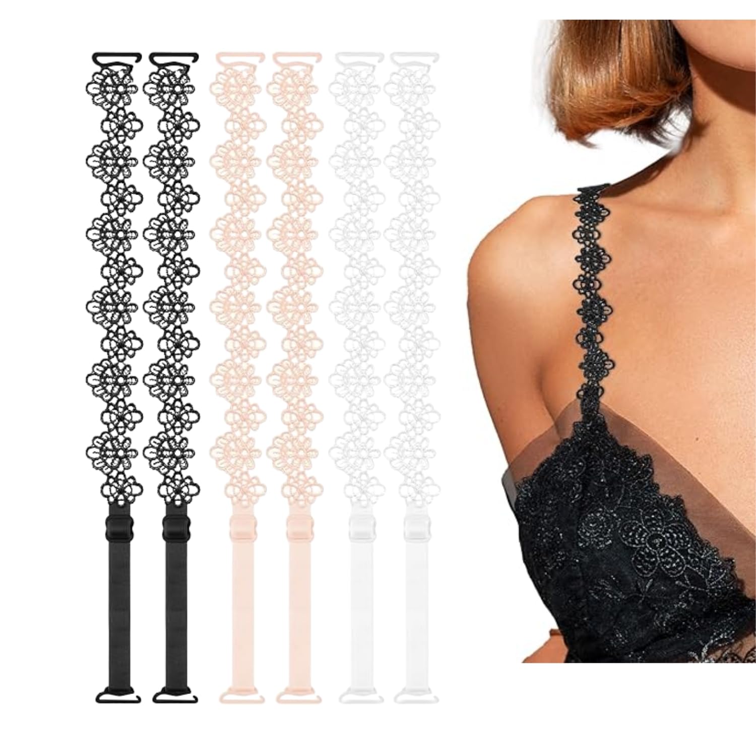 Fancy Bra Straps for Women | 3 Pairs Adjustable Phalaenopsis Lace Straps for Bra (Black, White, Nude) | Stylish Off Shoulder Invisible Bra Strap Replacement | Comfortable & Non-Slip Fit-image-43