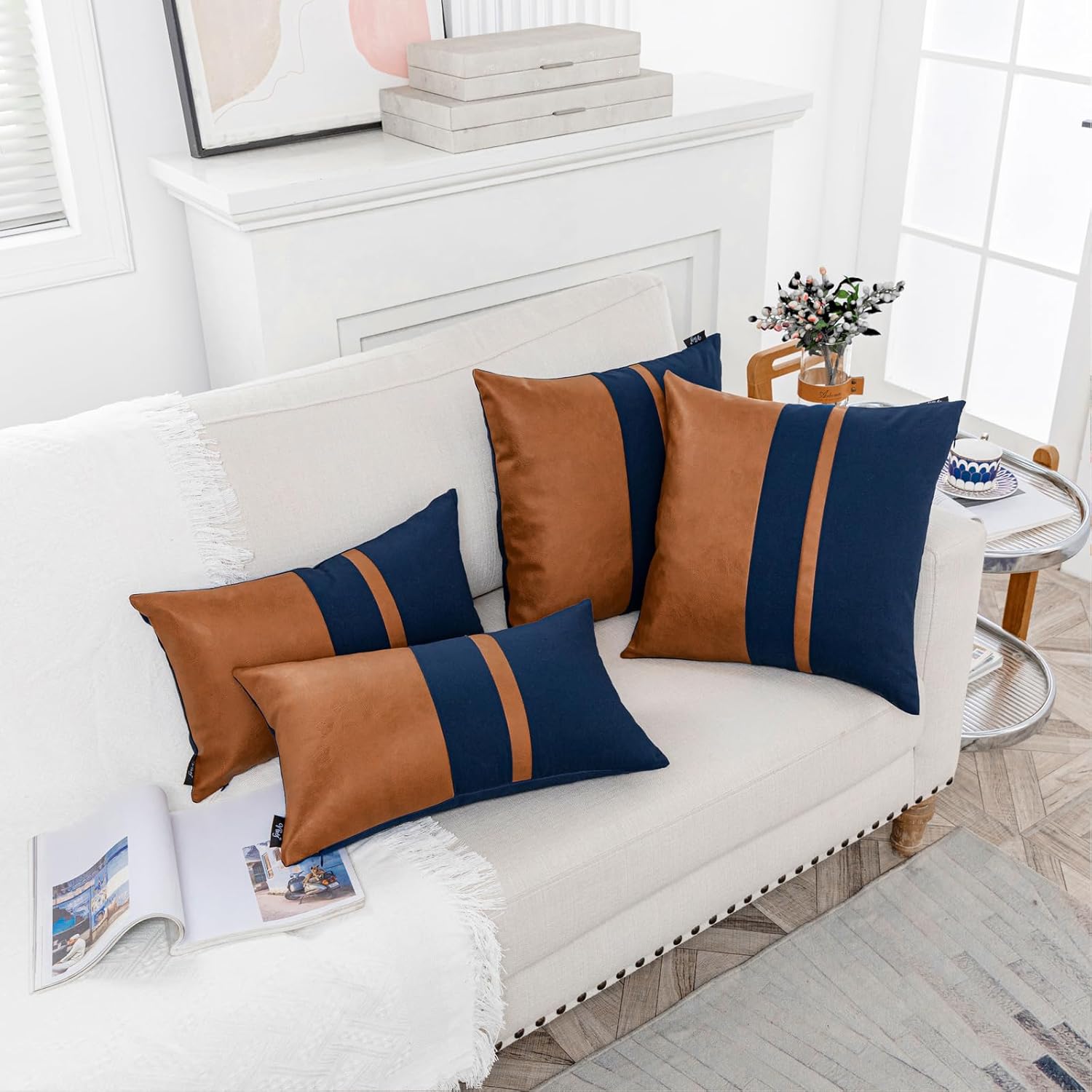 Set of 2 Navy and Brown Decorative Throw Pillow Covers 18x18 Inch Faux Leather and Cotton Patchwork Pillow Cover,Modern Farmhouse Accent Pillow Case for Living Room Couch Bed Boho Decor - Image 7