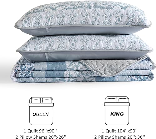 Miniatura 7 de DJY Juego de edredón bohemio tamaño King, juego de colcha de rayas azules de 3 piezas, juego de funda de cama ligera de microfibra suave con