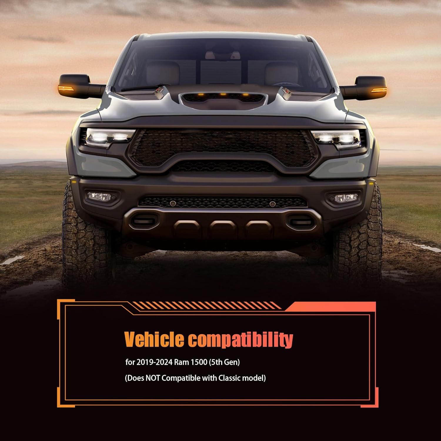 LED Mirror Turn Signal Lights Compatible with Dodge Ram1500 2019-2024 Sequential Amber Blinker 2PCS Smoke Lens (Not compatible with Classic models)