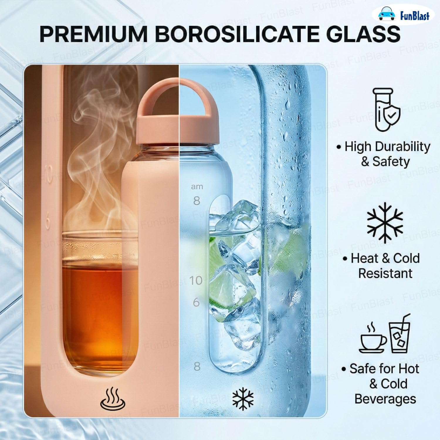 FunBlast Glass Water Bottle - 800ml, Leak-Proof -3