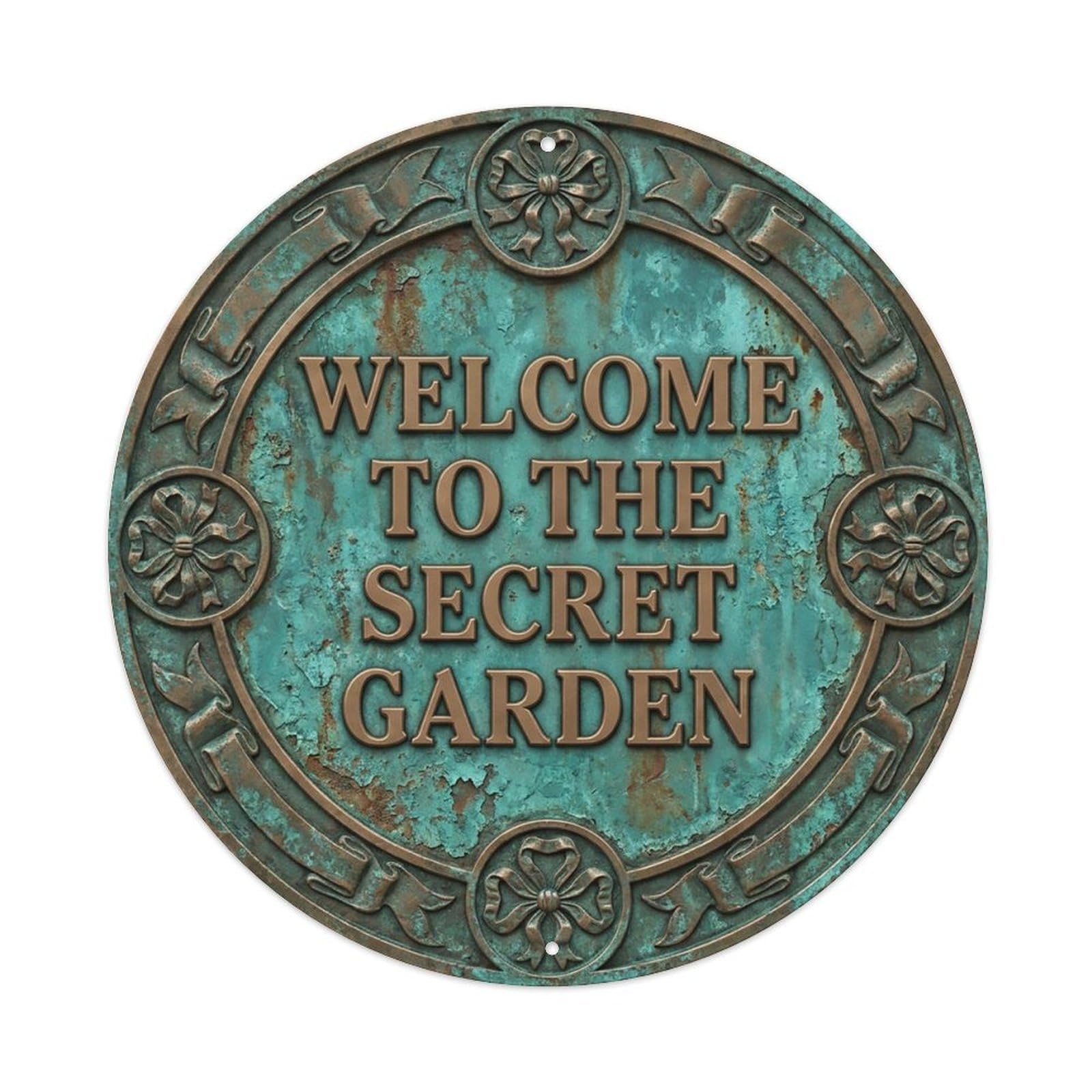 Vintage Welcome Secret Garden Ornate Worn Metal Tin Sign