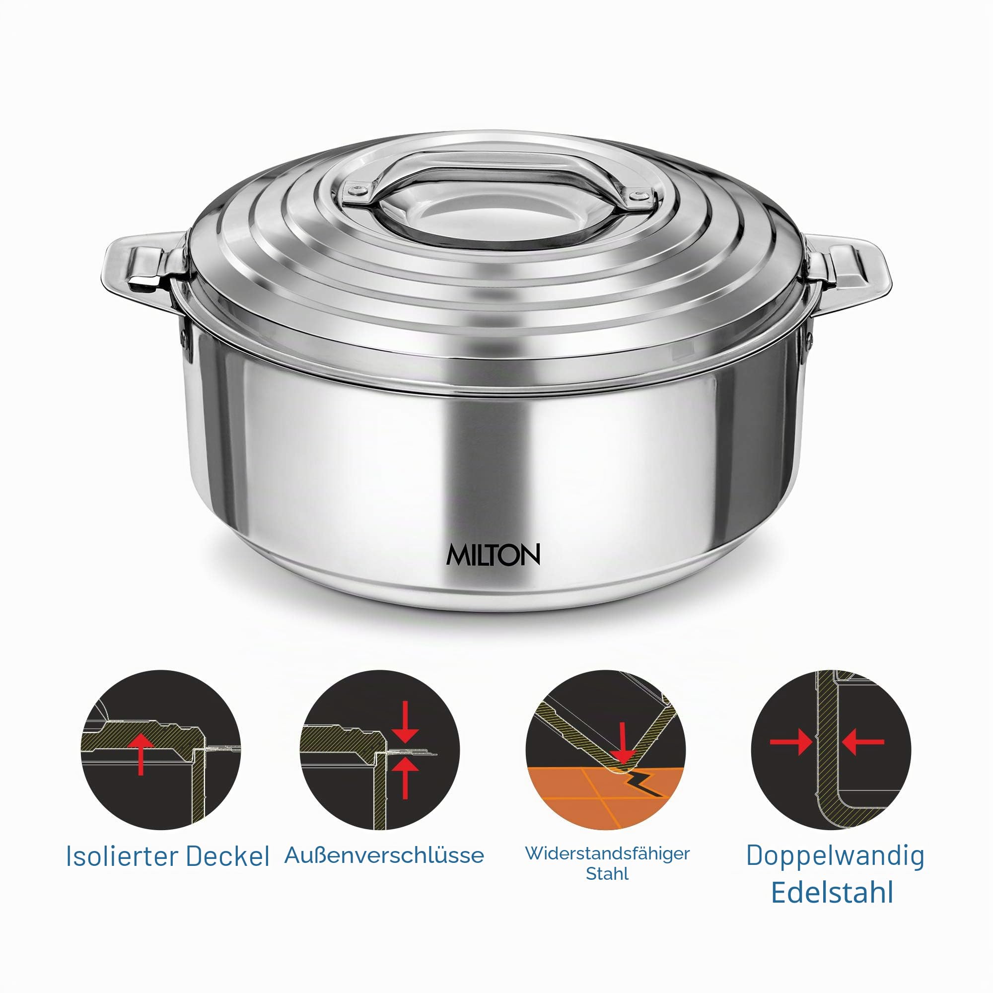Milton Galaxia 1500 Insulated Stainless Steel Casserole, 2090 ml | 50 oz| 1.58 qt. Thermal Serving Bowl, Keeps Food Hot & Cold for Long Hours, Elegant Hot Pot Food Warmer Cooler, Silver