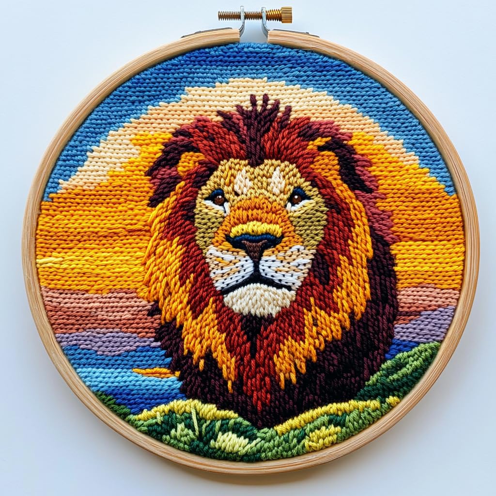 DIY Punch Needle Kits Lion Under Sunset Easy for Beginners Punch Needle Embroidery Set with Hoop Stamped Pattern for Craft Lovers and Home Decor-2