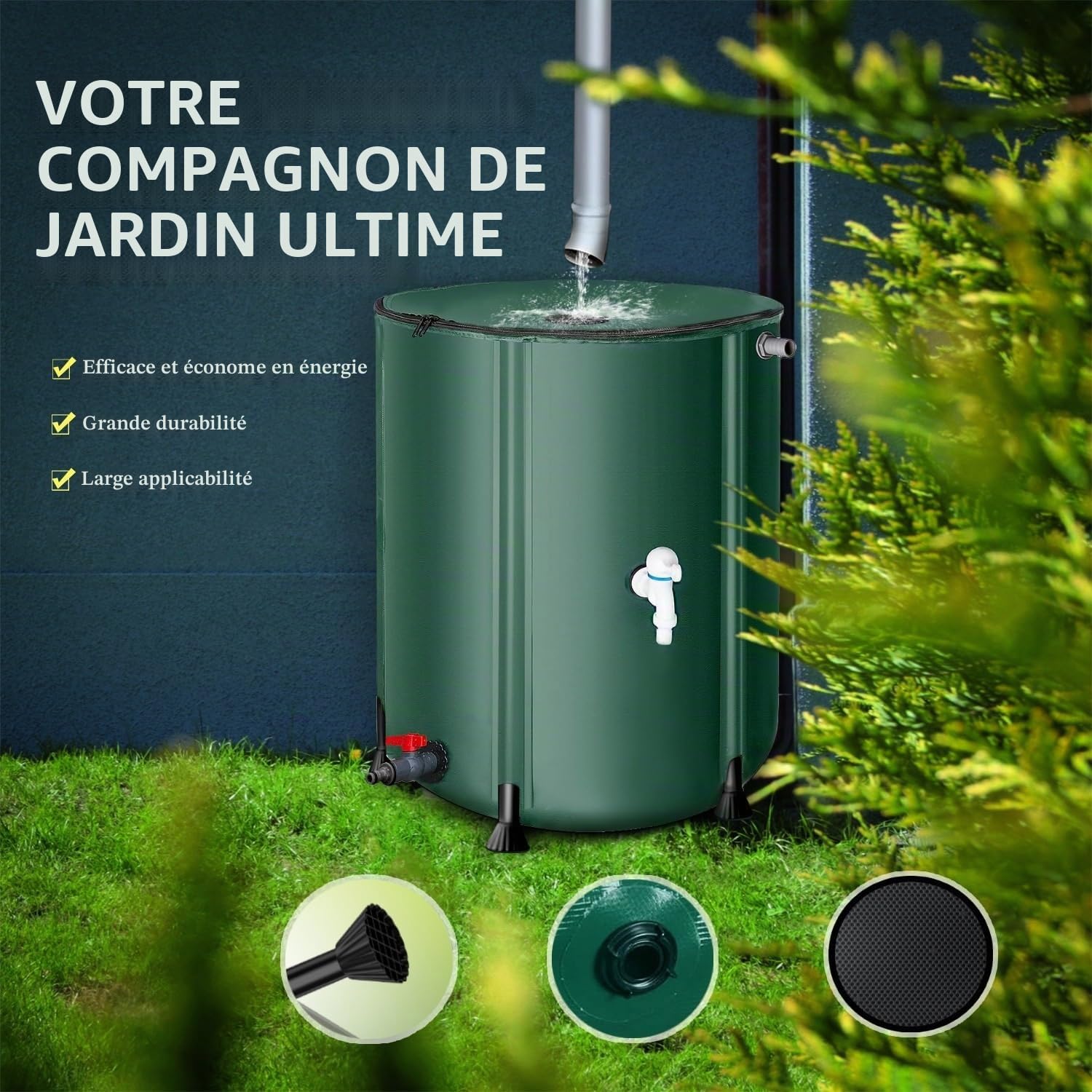 Récupérateur d‘Eau de Pluie Pliable de 1000L 500L 200L 100L Réservoir d‘Eau Souple avec Robinet Filtre et Soupape de Trop-Plein pour Jardin Arrosage Depuis Gouttière(1000 L(264.17 Gal))