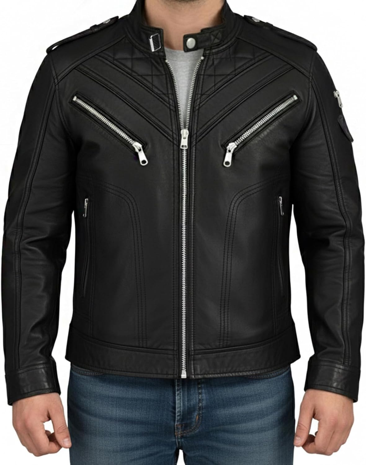Black Real Lambskin Genuine Leather Jackets For Men - Motorcycle Diamond Quilted Leather Jacket Men Vintage Moto - Image 3