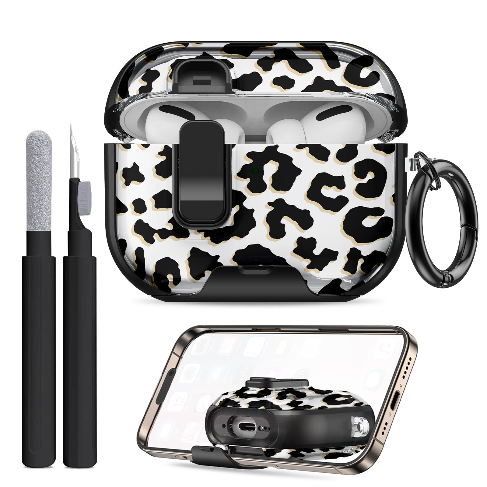 Photo 1 of Compatible Airpods Pro 3 Case (2025) with Phone Stand & Cleaner Kit,Cute Soft Silicone Lock Clip Apple AirPods Pro 3rd Generation Case, Airpod Pro 3 Cover with Keychain for Women/Girls,Leopard Print