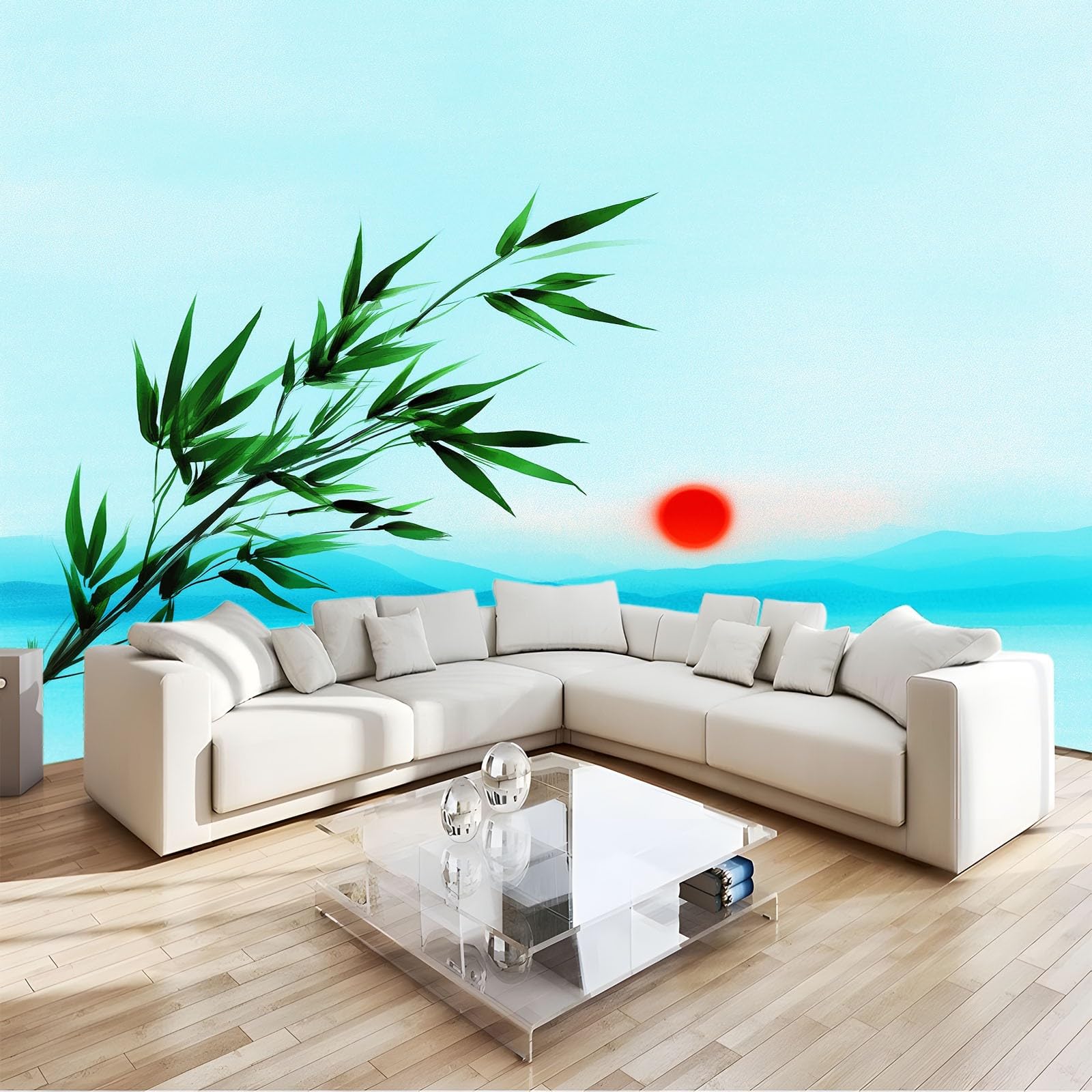 Fototapeta 3D z włókniny, 200 x 140 cm, mural ścienny, orientalny, urok, natura, rośliny, liście bambusa, mural tapeta, niebieska sztuka ścienna do salonu, sypialni, pokoju dziecięcego, telewizora