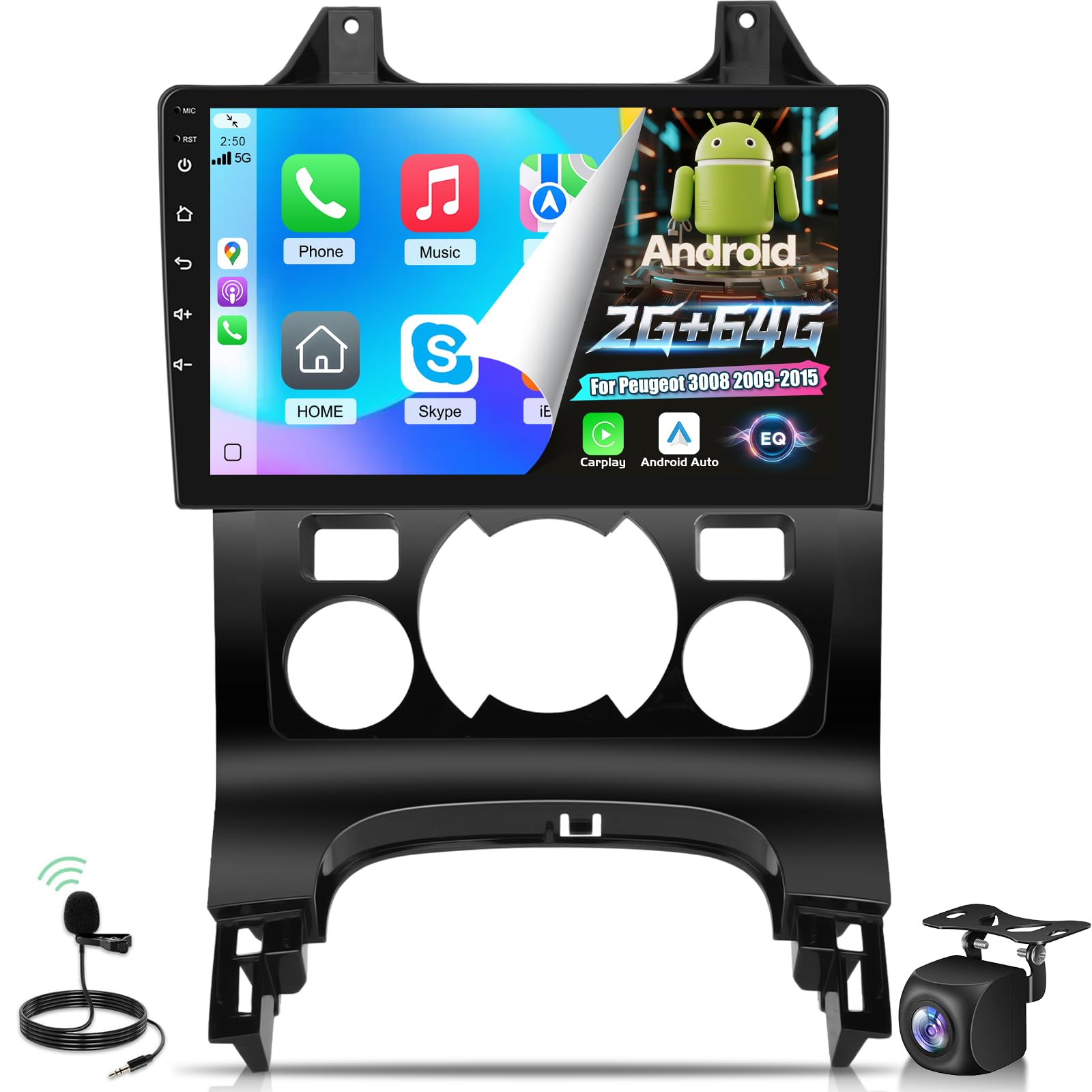 [2G+64GB] Android Autoradio pour Peugeot 3008 2009-2015 avec sans Fil Carplay et Android Auto, Écran Tactile HD de 9 Pouces avec GPS/WiFi/Bluetooth/EQ/FM RDS