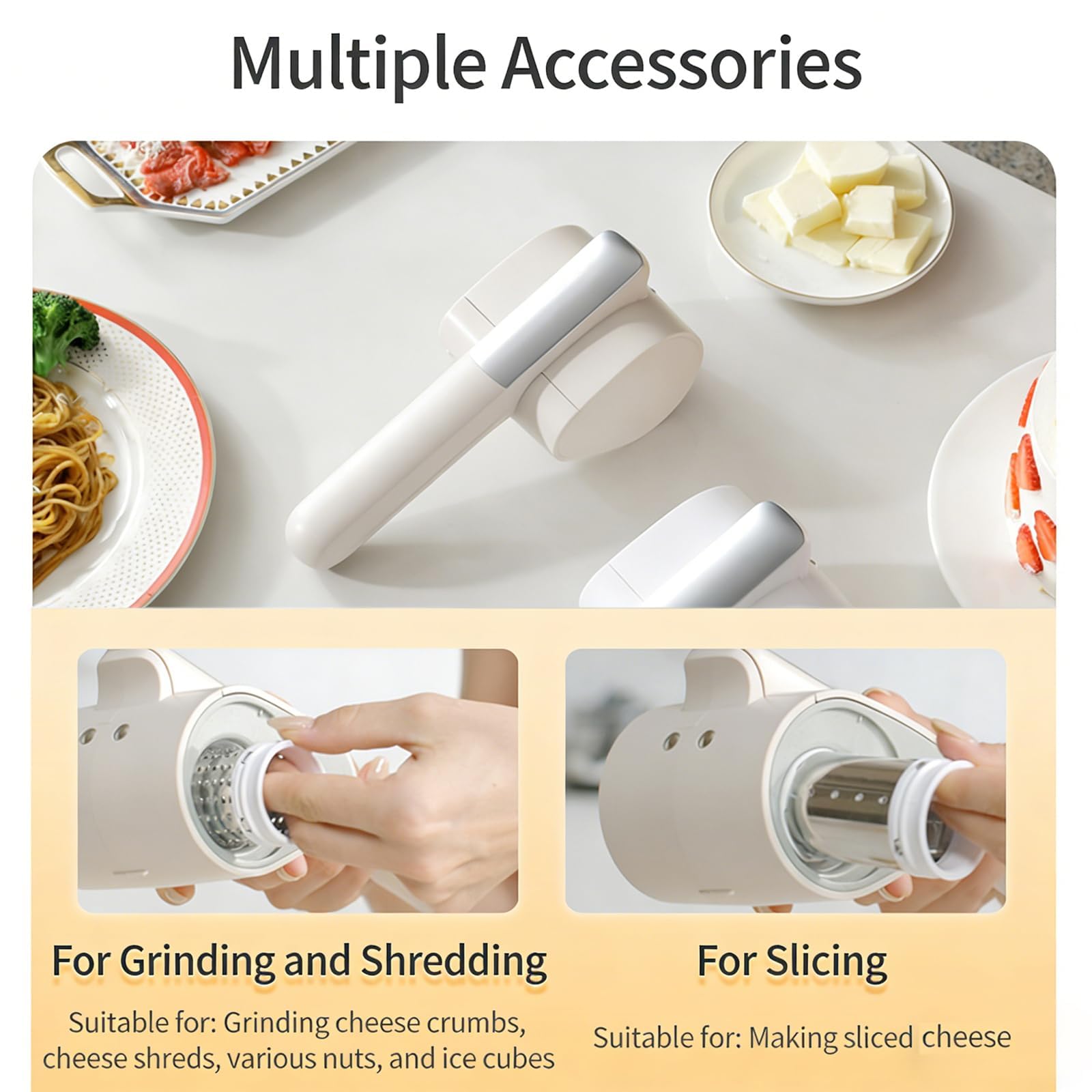 Kabellose elektrische Käsereibe, Handheld Rotary Slicer Shredder mit 2 Trommeln, Wiederaufladbare Automatische Reibe für Käse, Gemüse, Nüsse, Schokolade, 2 kg pro Ladung