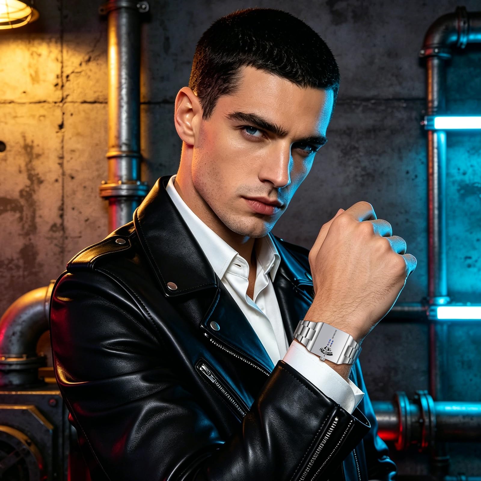 OIDEA - Reloj para hombre, cuadrado, cuarzo, caja plateada, pulsera de acero inoxidable, desmontable, esfera plateada, pantalla sin agujas, estilo Jump Hour Y2K Hip Hop, regalo para hombre