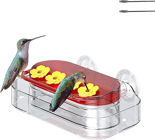 Window Hummingbird Feeder for Outdoors, 4 Bee-Proof Feeding Ports, Leak-Proof 10 oz Nectar Reservoir, Built-in Ant Moat, Strong Suction Cups for