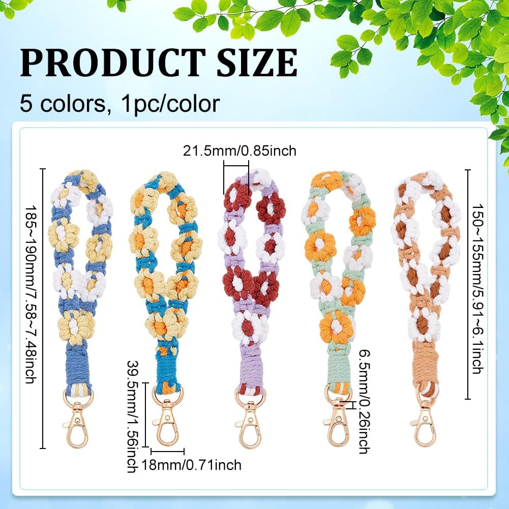 FINGERINSPIRE 5PCS Macrame Key Chain 7.3 Inch Boho Handmade Cotton Wristlet Keychain Cute Colorful Floral Daisy Keychain for Car Keys ID Badges Summer Festival Beach Party Gift Idea image 2