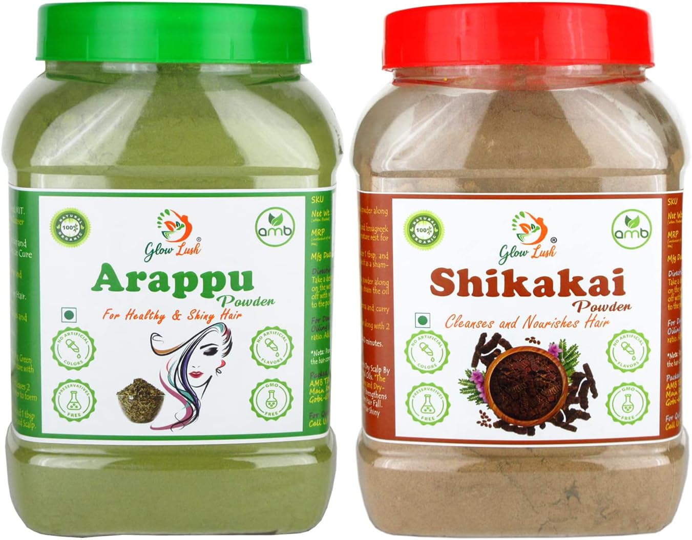 glow Lush100% Pure Arappu (500g) & Shikakai (500g) Powder for Herbal Hair Wash, All, (2 count)