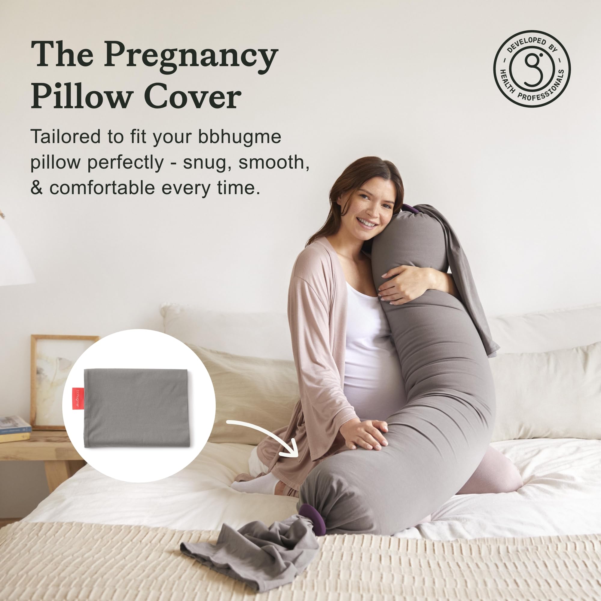 bbhugme Pregnancy Pillow Cover Stone - Replacement Cover for bbhugme Maternity Pillow - Soft Breathable Cooling Cotton Jersey Fabric - Machine Washable product thumbnail 4