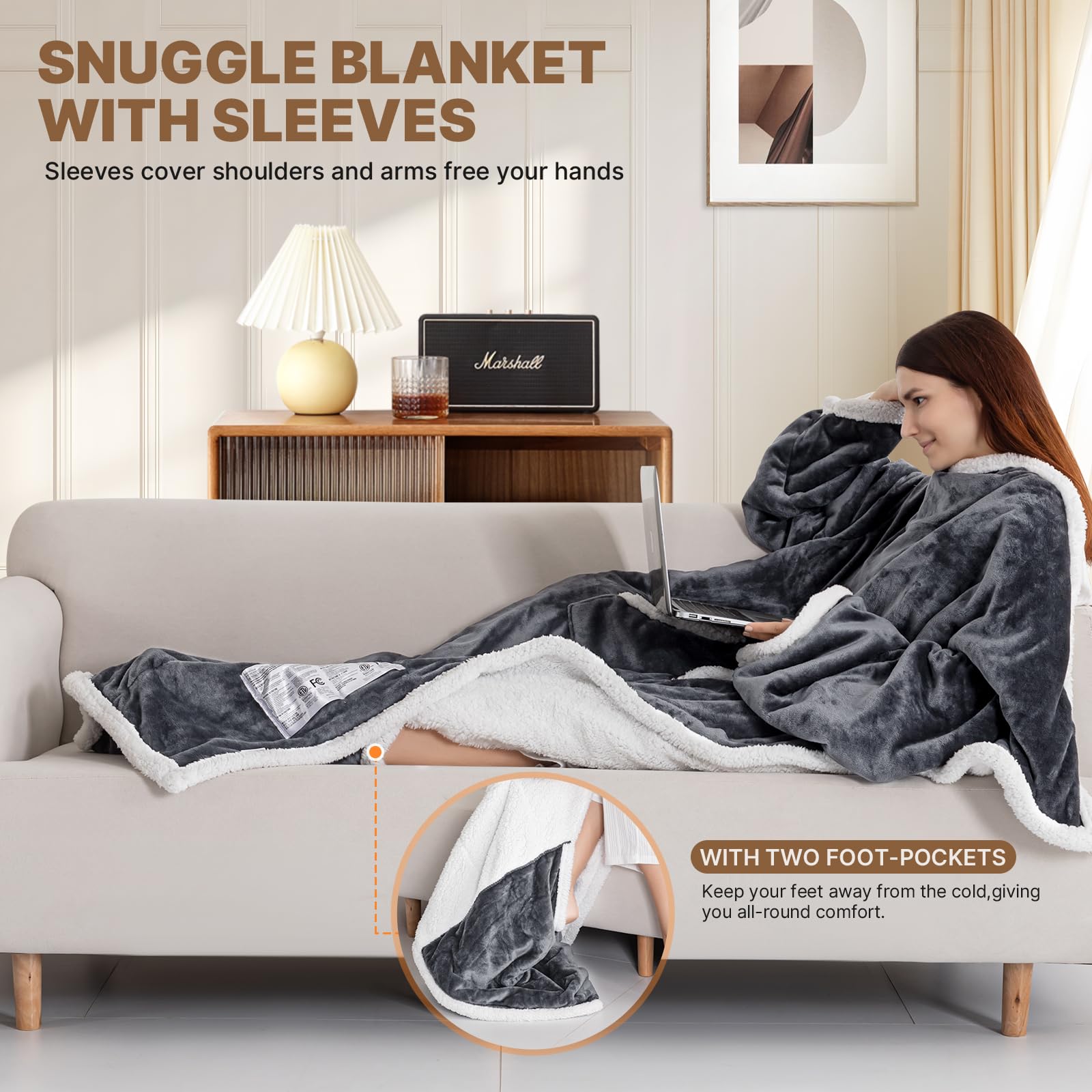 OS OMYSTYLE Electric Blanket Wearable with Foot Pocket, Wearable Heated Blanket with Sleeves, 1-6 Heating Levels & Fixed 4 Hours Heating Time Setting, 52 * 72