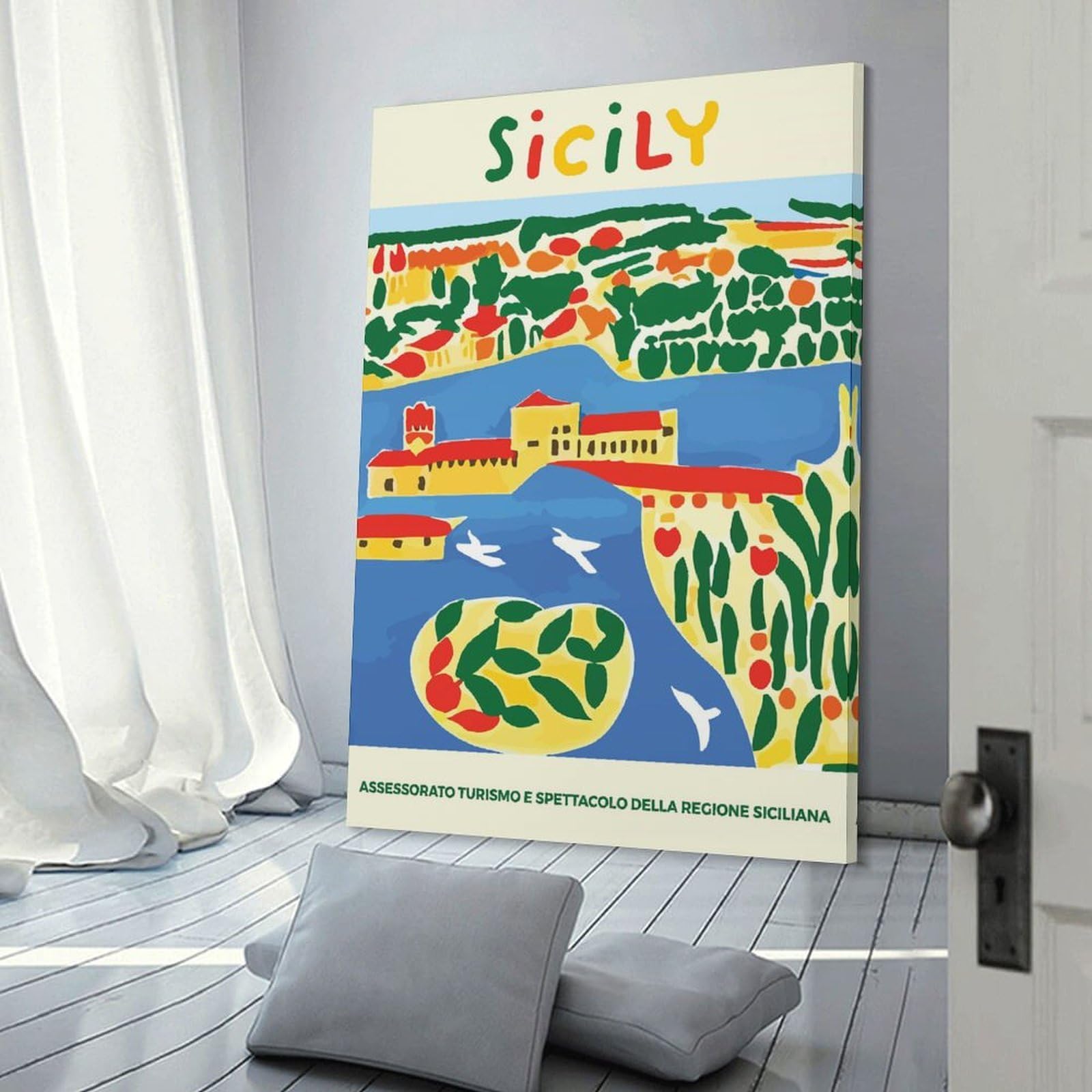 Junmoney Sicily Colorful Landscape Hanging Wall Art 20x30inch(50x75cm), for Work Areas, Reading Rooms Or Studios, Canvas Wall Decor for Creative Rooms