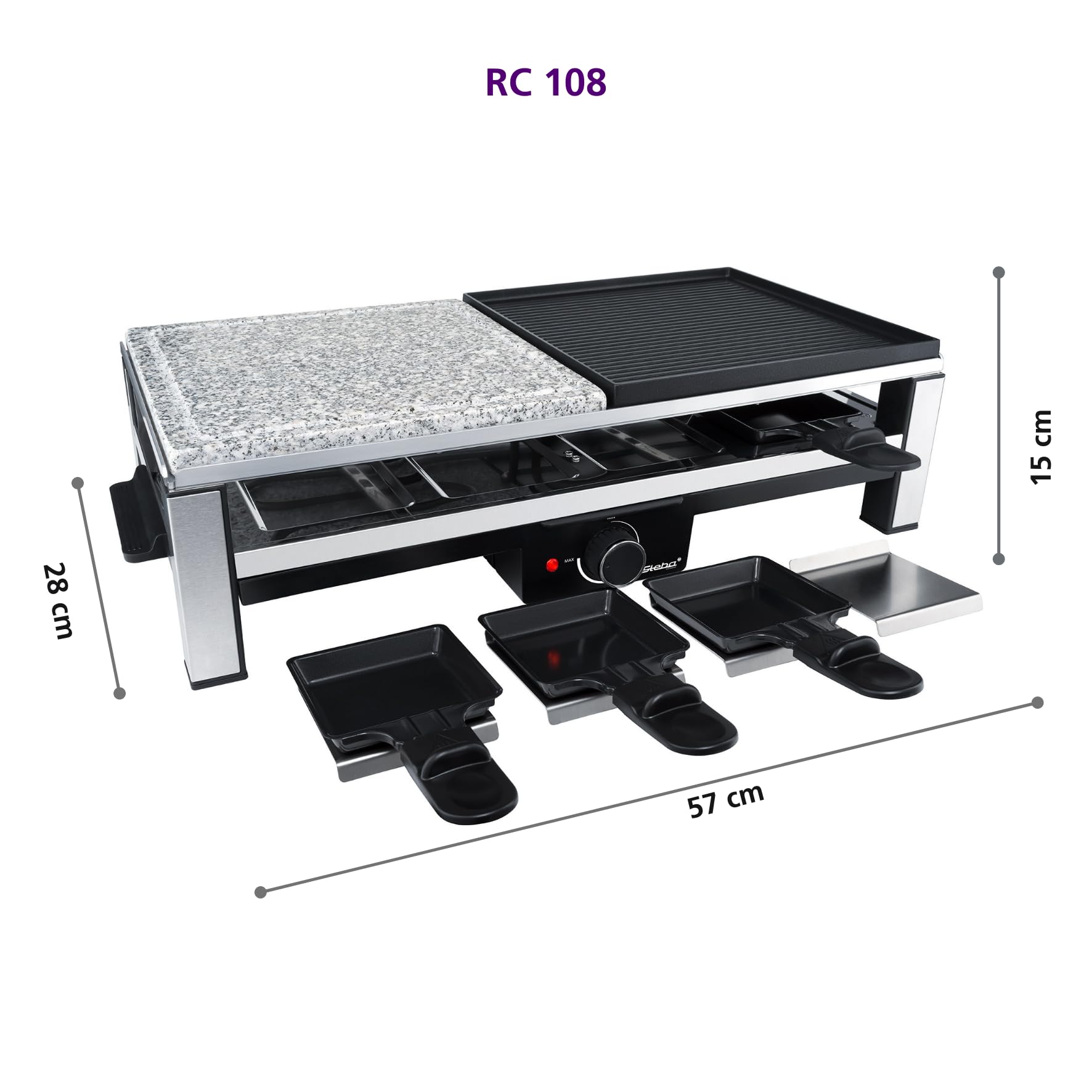 Steba Raclette RC 108 - Plaque de grill en pierre naturelle de qualité supérieure (25 x 25 cm) - Plaque de cuisson antiadhésive - 8 poêlons anti-adhésifs - 8 plateaux à poêlons - Câble de raccordement