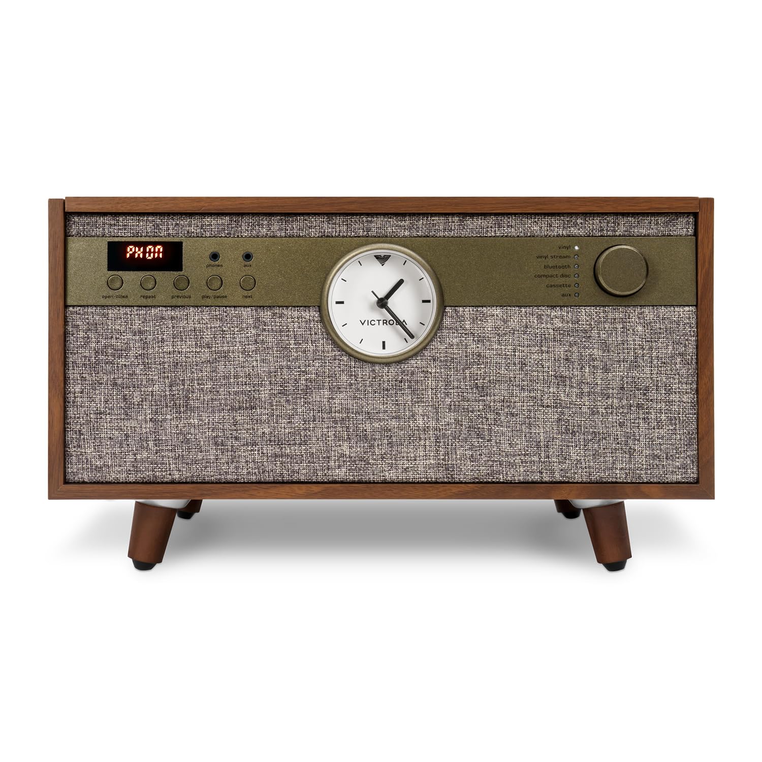 Victrola Century Signature+ Centro de música Bluetooth 6 en 1 con Reloj y pies Nuez