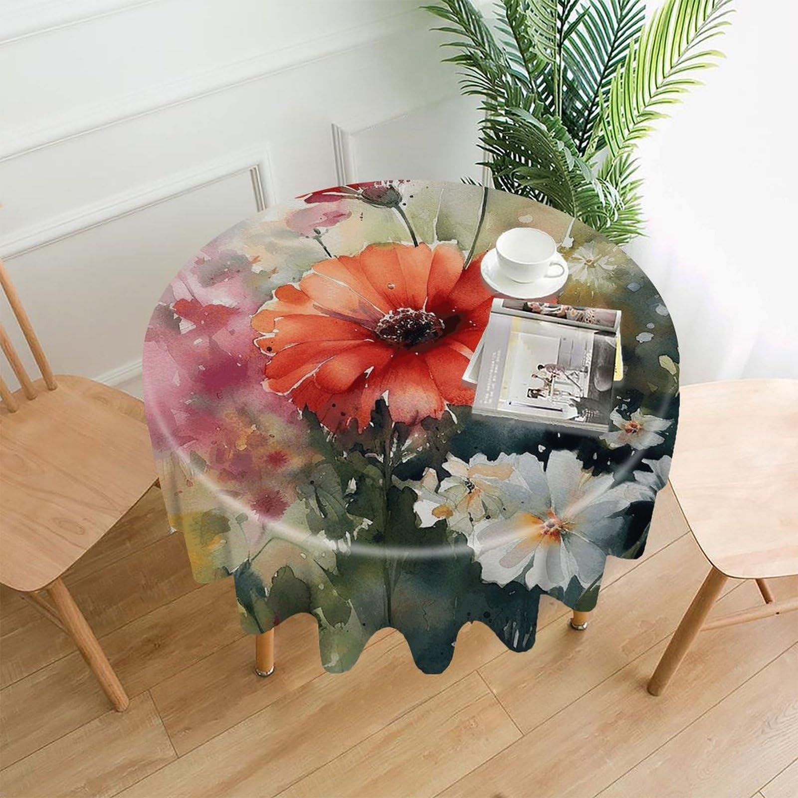 LZQPOEAS Watercolor Painting Tablecloth Decorative Round Table Cloth Wrinkle Resistant Round Tablecloth Washable Circle Table Cover for Kitchen Dining Party Wedding Camping 60 Inch