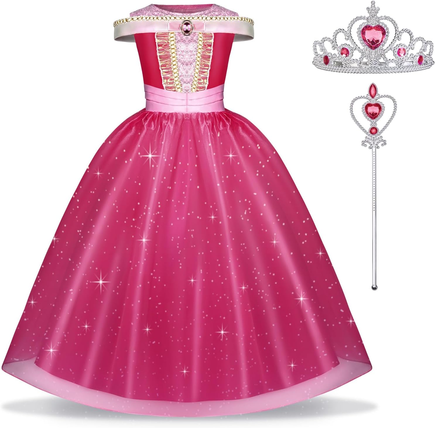 URAQT Princess Costumes for Girls, Sleeping Beauty Costumes for Girls with Magic Wand and Crown, Aurora Costume for Girls, Princess Fancy Dress Party for Cosplay Carnival Halloween Christmas