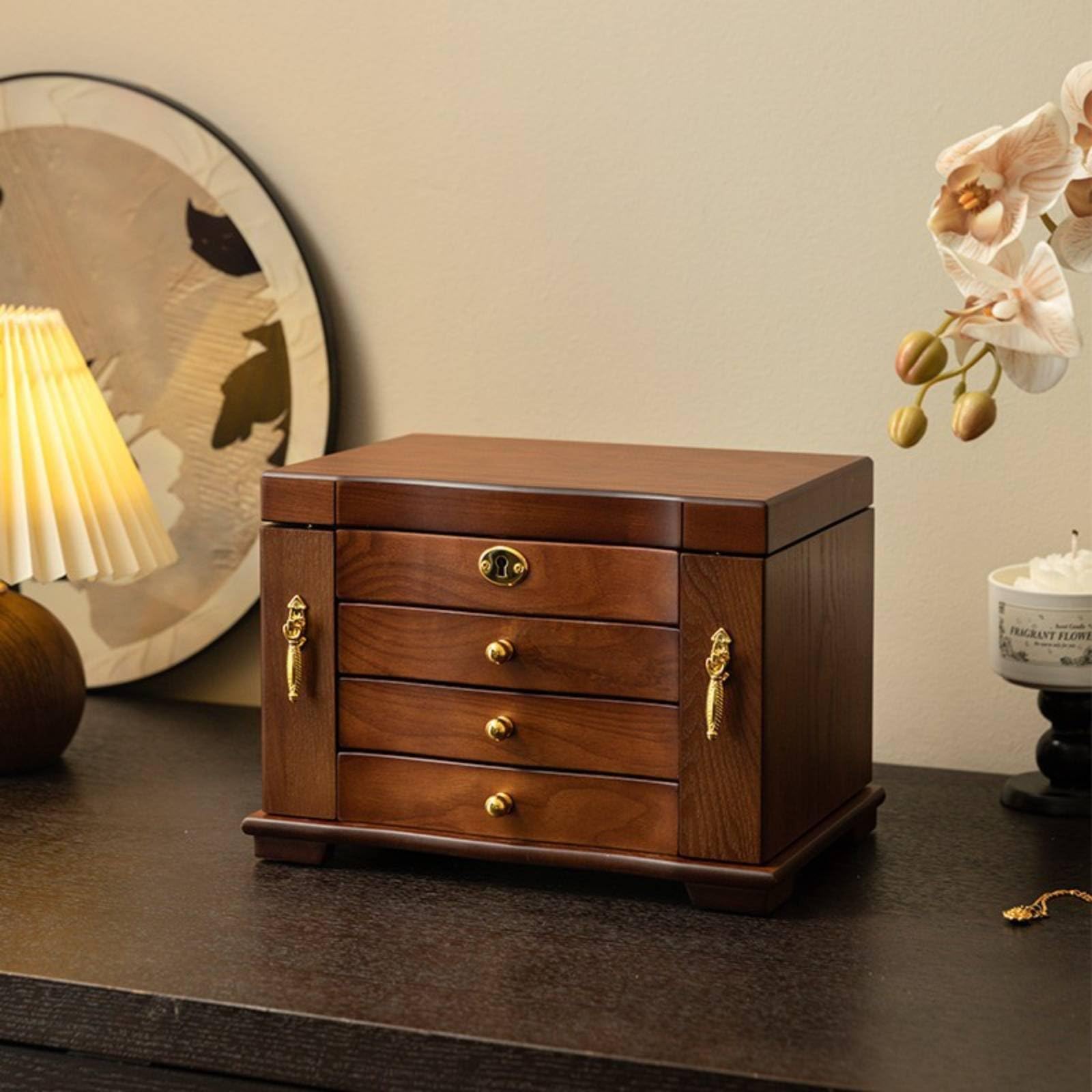 Porta Gioie Scatola Portaoggetti Cofanetto Cassettiera con Serratura in Legno con Capacità Ampia Interno Foderato Antiossidante con Specchio Integrato, Porta Laterale+Con Serratura