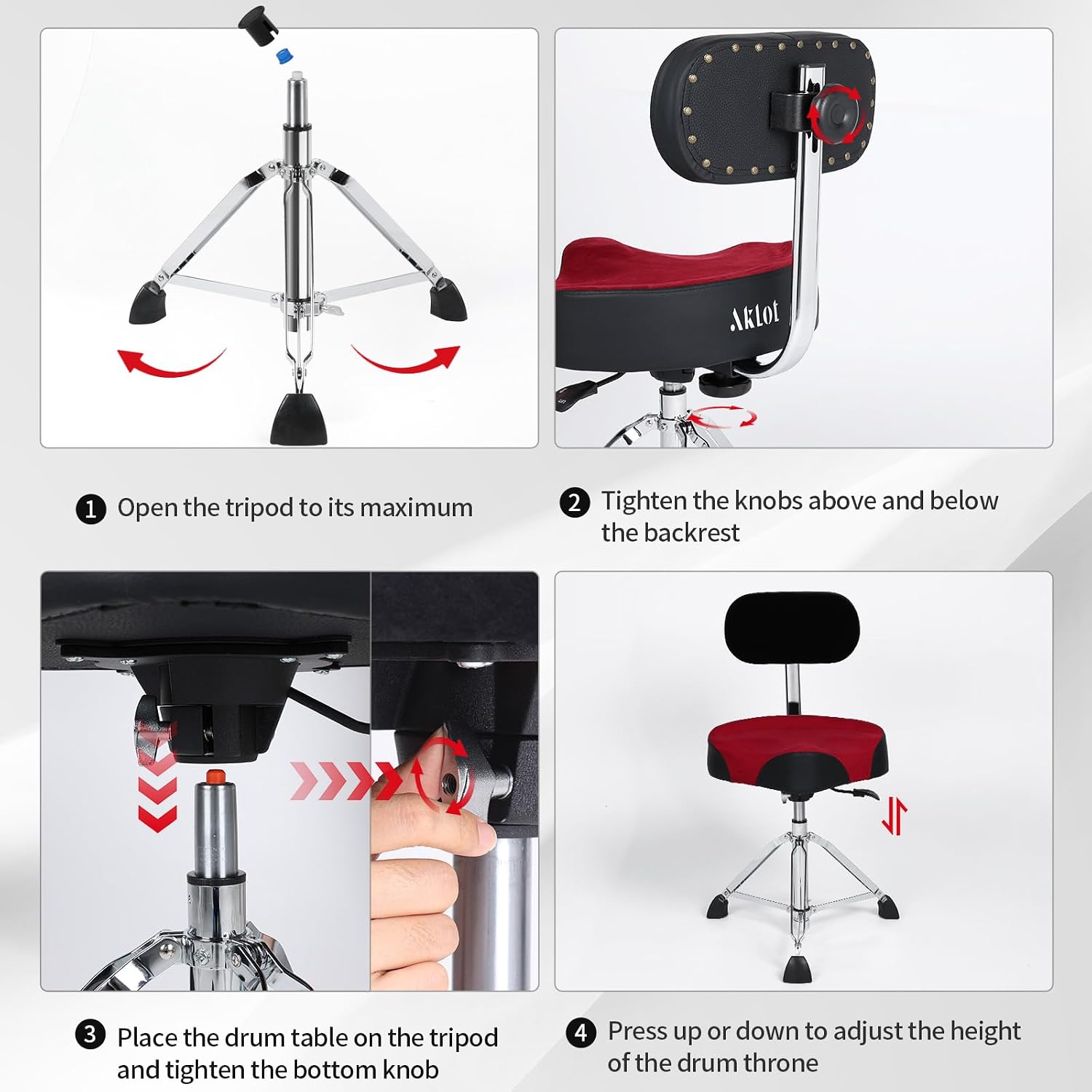  Saddle Drum Throne with Backrest, Hydraulic Drum Throne, Disassemble Heavy Duty Drum Seat, Height Adjustable Suede Drum Chair, Motorcycle Style Drum Stool for Adults Drummers Red thumbnail