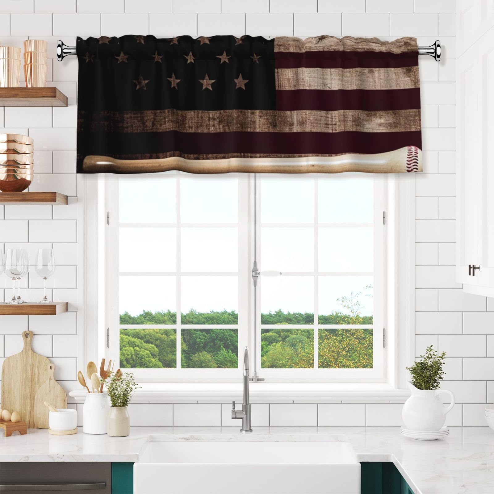 American flag and baseball bat Valances for Windows Short Curtains Rod Pocket Cafe Window Treatments Valance Curtains for Kitchen Bathroom Laundry Basement Windows 54x18inch Blackout Window Valance